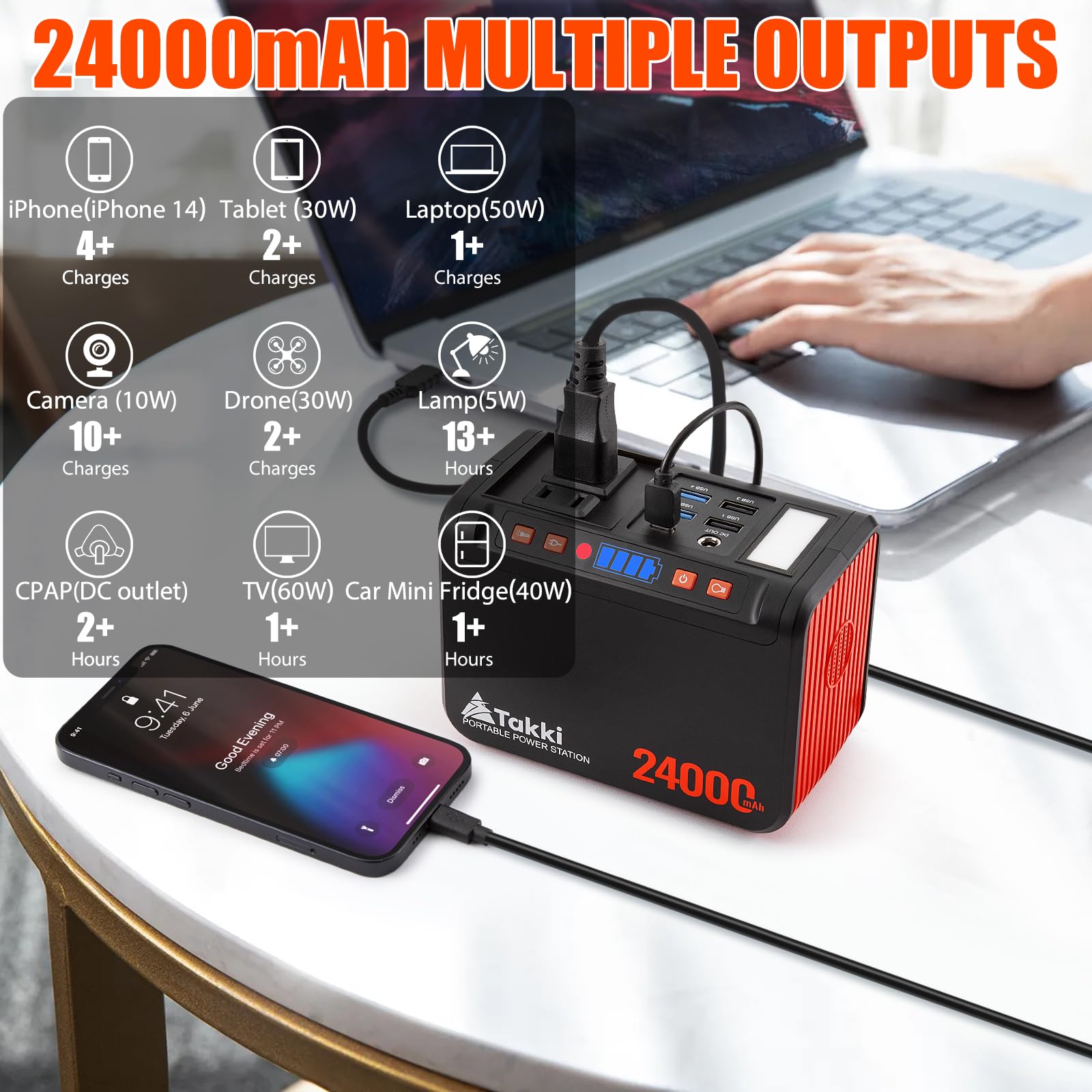 Takki Portable Power Station 88Wh Solar Generator Power Bank With 110V Ac Dc Usb Ports Led Flashlight For Camping Home Emergency