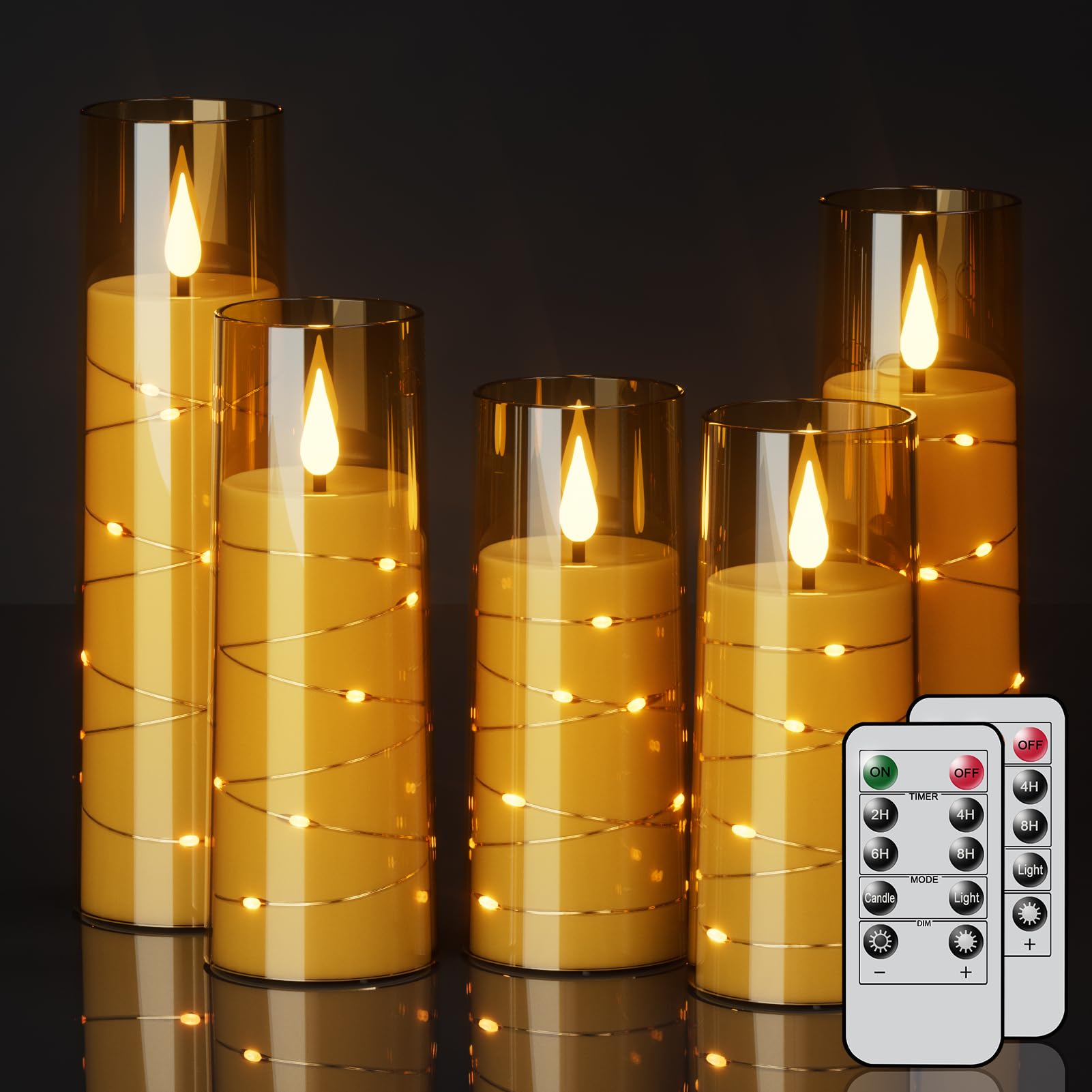 Genswin Flickering Flameless Candles With Remote Timer, 5 Pack Battery Operated Candles With Embedded Star String, Gold Led Batt