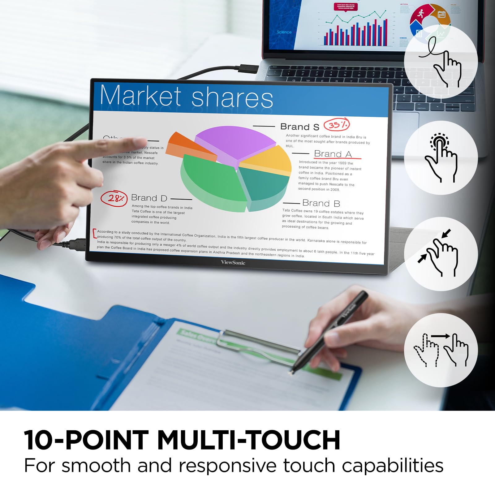 Viewsonic Td1656 2K 16 Inch Wqxga 1600P Ips Touchscreen Portable Monitor With 2 Way Powered 65W Usb C, And Smart Cover With Buil