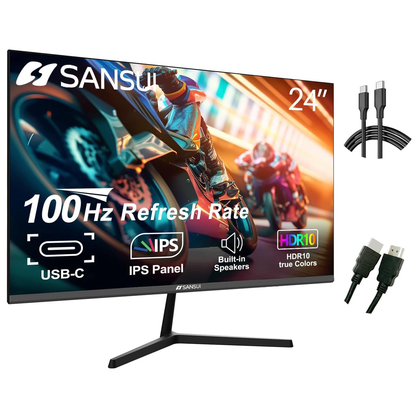 Sansui 24 Inch Monitor With Built In Speakers, Usb Type C 100 Hz Fhd 1080P Monitor,Hdmi Dp Hdr10 Game Rts/Fps Tilt Adjustable Ve