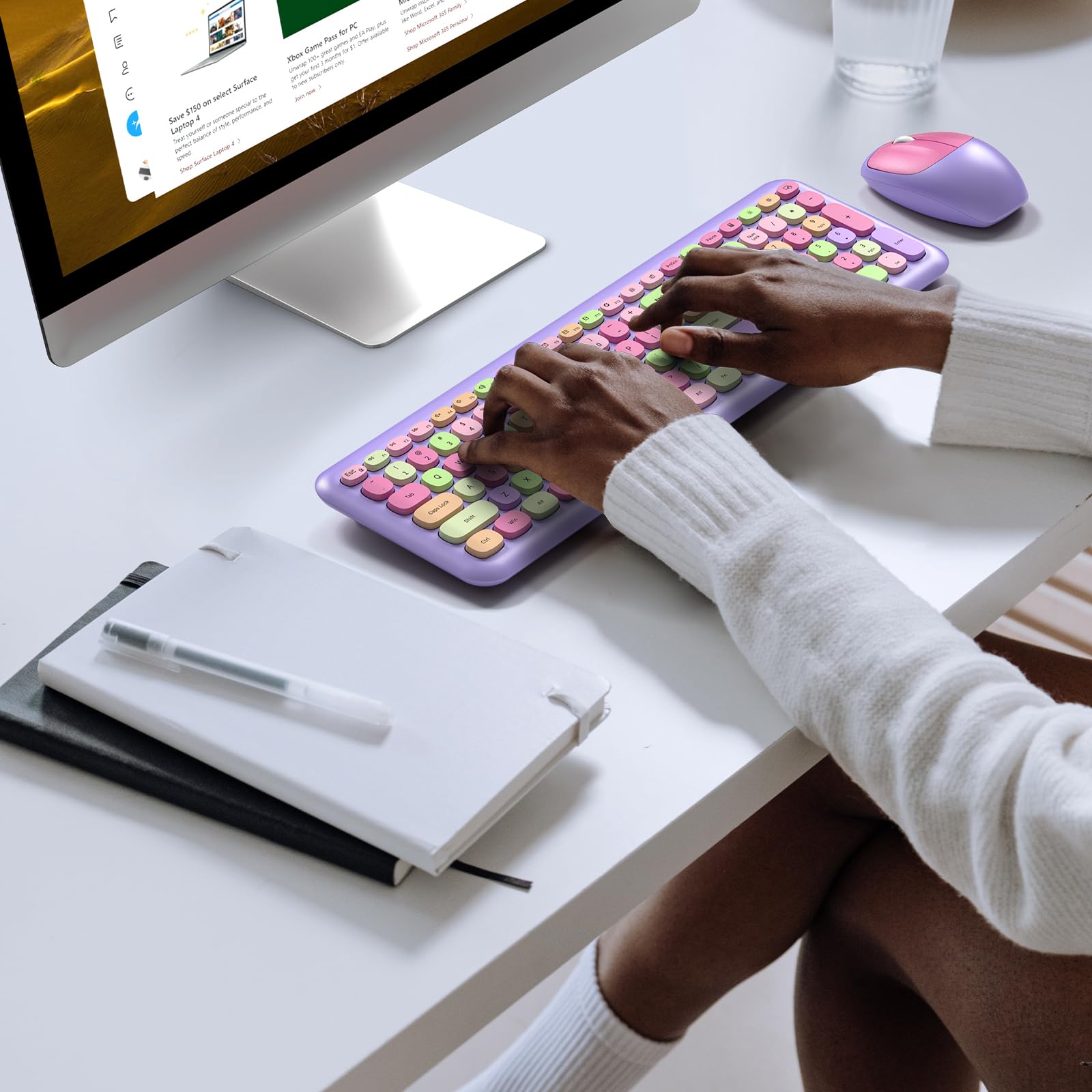 Knowsqt Wireless Keyboard And Mouse Combo, Pale Purple Full Sized 2.4G Silent Keycap Colorful Keyboards, Usb Dongle Plug Play, L