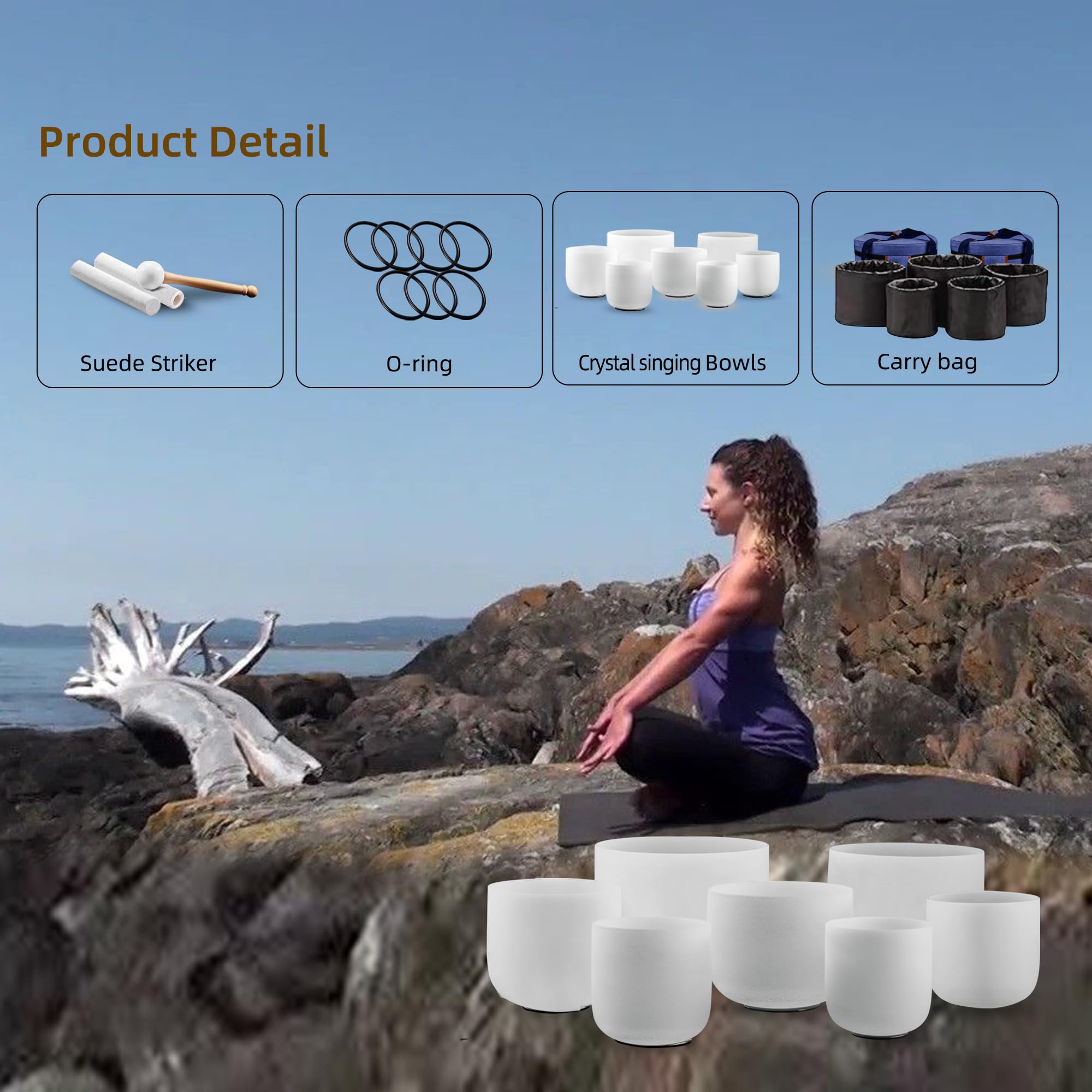 Kresec 7 Piece 7 12 Inch 440Hz Quartz Crystal Singing Bowl Set Chakra Tuned Sound Healing For Meditation Yoga Reiki, Includes Su