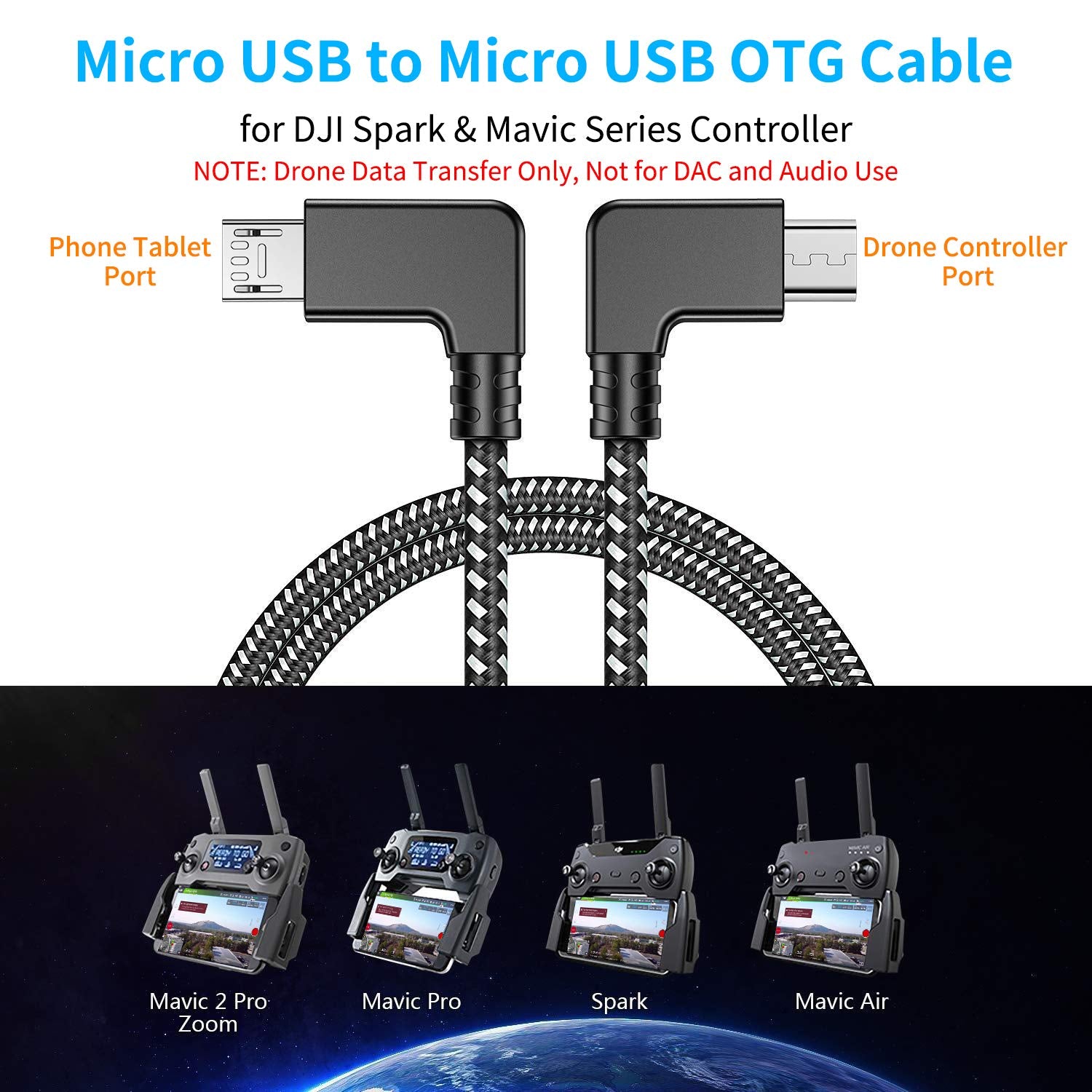 1Ft 90 Degree Micro Usb To Micro Usb Android Phone Tablet Otg Data Cable Right Angle Connector Wire Cord For Dji Spark, Mavic Pr