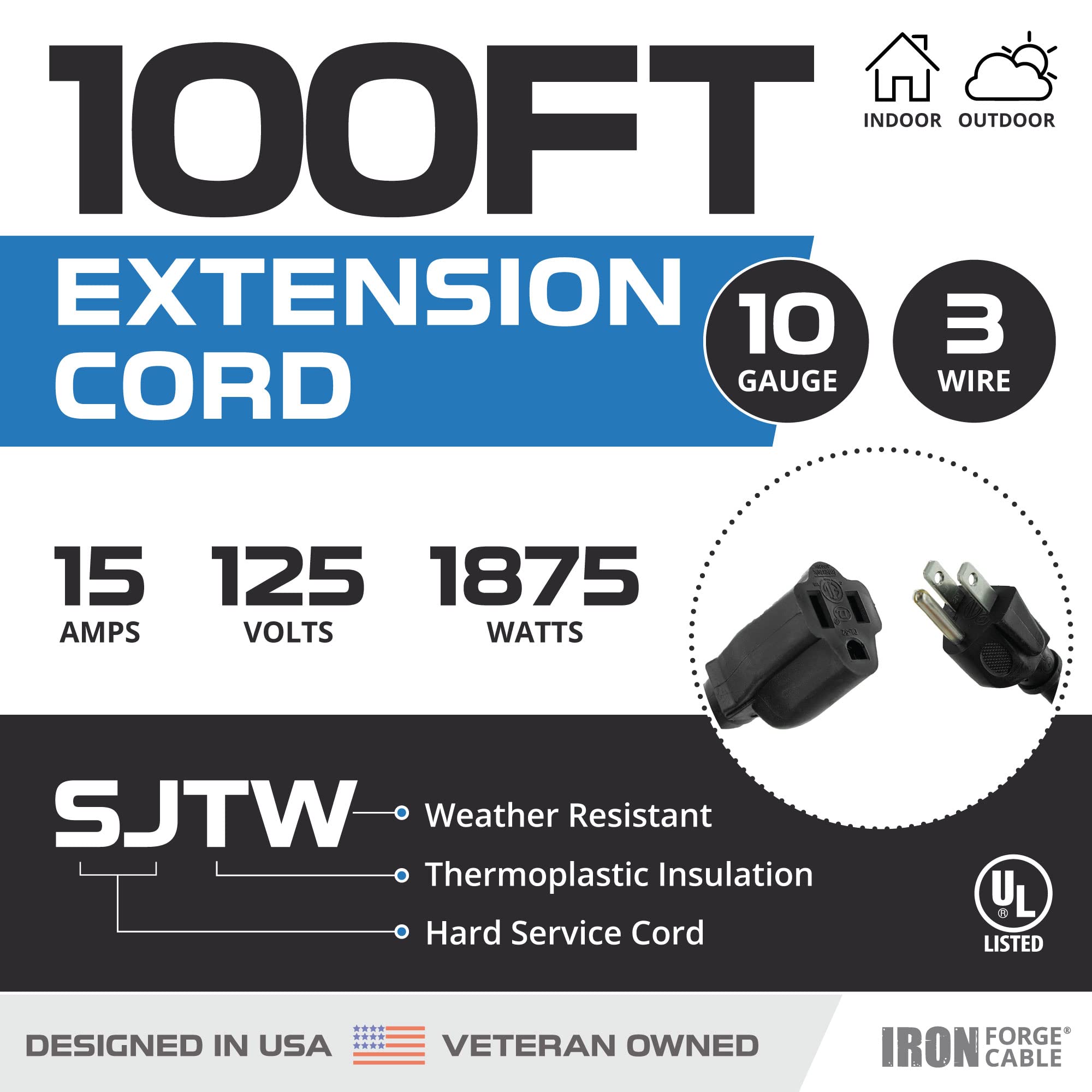 Iron Forge Cable 100 Foot Heavy Duty Extension Cord Outdoor   10/3 Sjtw 10 Gauge Black Extension Cable With 3 Prong Grounded Plu