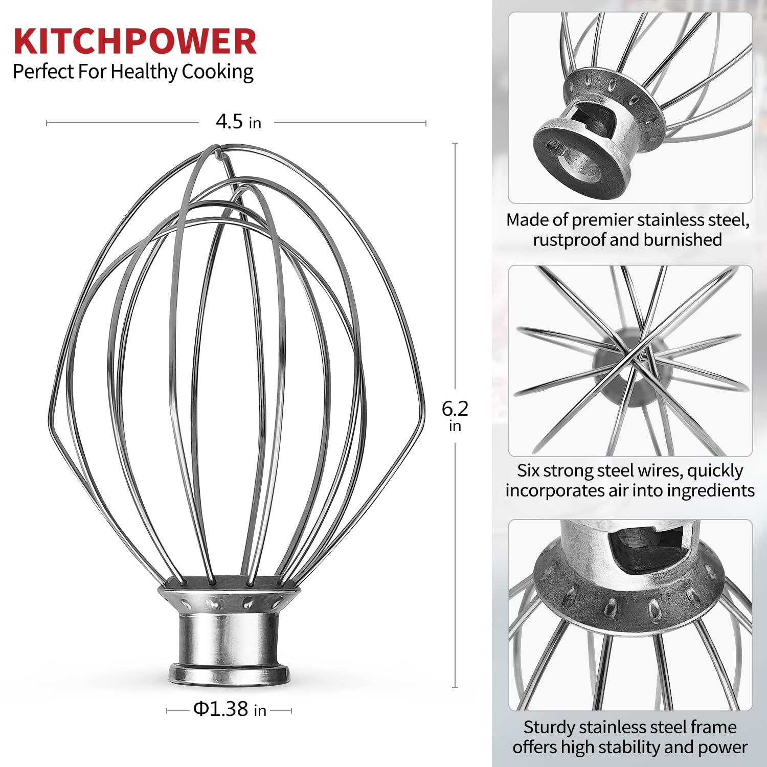 Kitchpower K45Ww Wire Whip Attachment For Tilt Head Stand Mixer For Kitchenaid Stainless Steel Egg Cream Stirrer, Flour Cake Bal