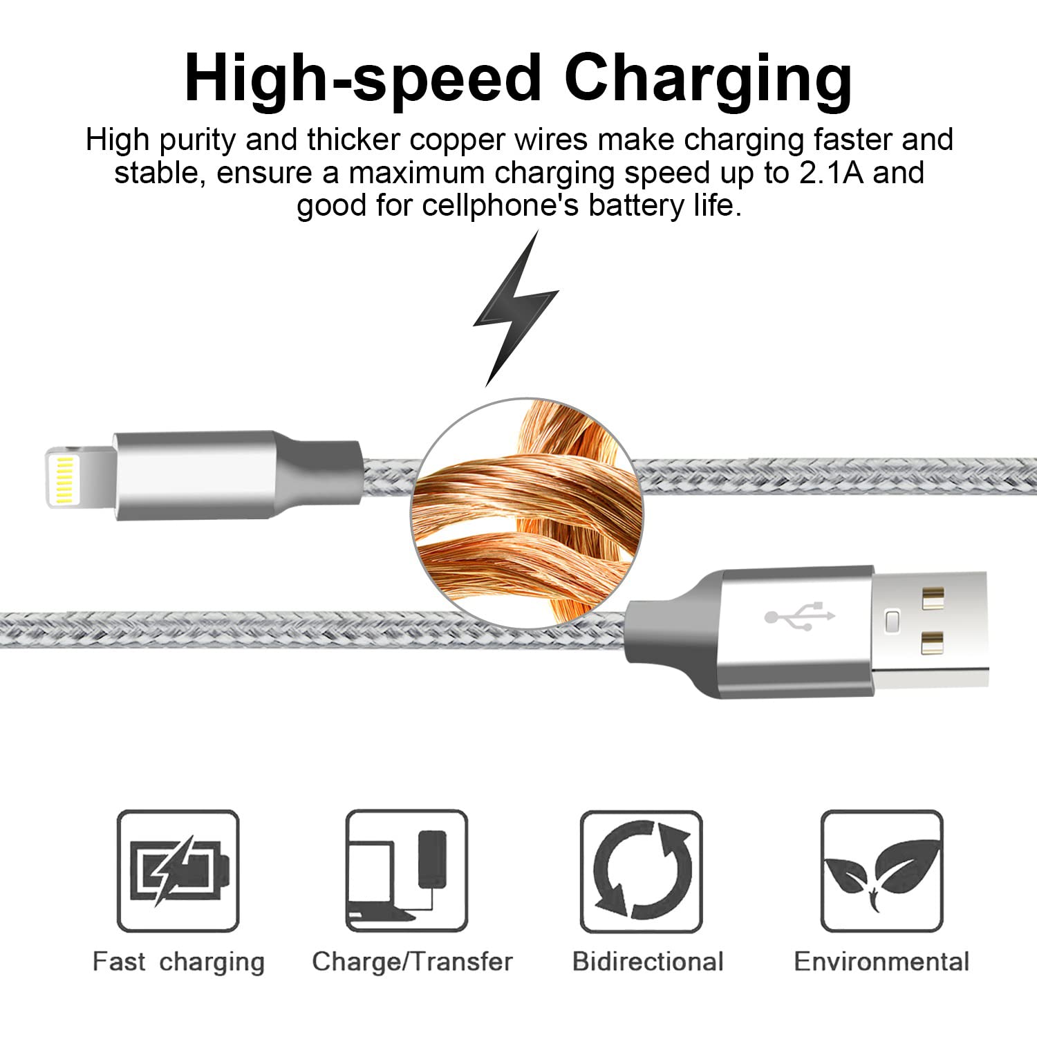 Cugunu Iphone Charger, 5 Pack 3/3/6/6/10Ft Apple Mfi Certified Usb Lightning Cable Nylon Braided Fast Charging Cord Compatible For Iphone 14/13/12/11/X/Max/8/7/6/5/Se/Plus/Ipad   Gray