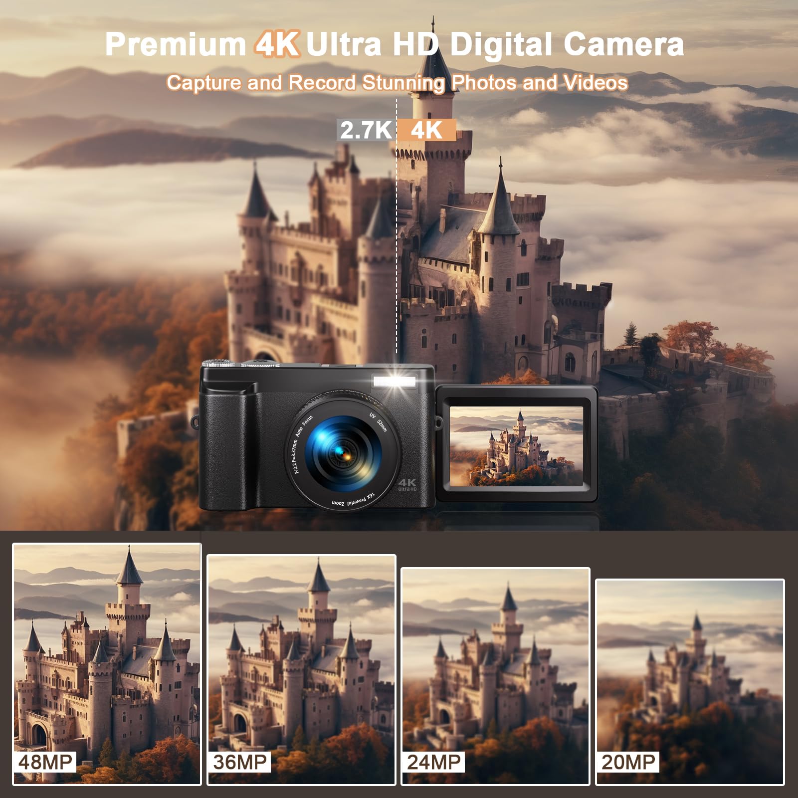 4K Digital Camera For Photography, 48Mp Auto Focus Vlogging Camera For Youtube, 16X Digital Zoom Compact Camera With 3'' 180 Fli