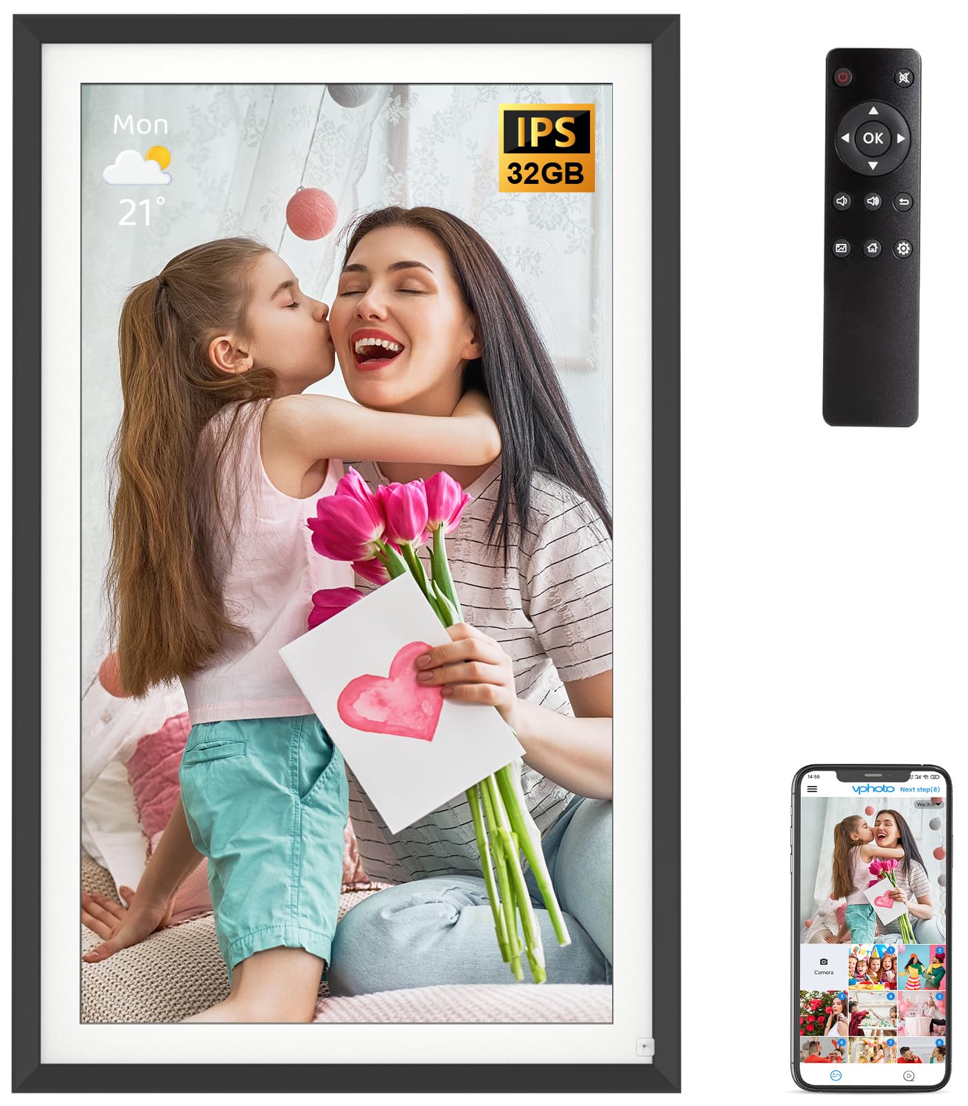 Large Digital Picture Frame 15.6-Inch-WiFi-Photo-Frame - 1920*1080 FHD Touch Screen Digital Frame, 32GB, Tabletop&Wall Mounted, 