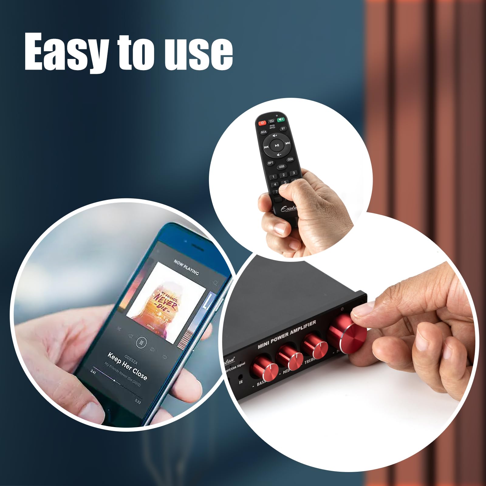 Exoton Bluetooth 5.0 Stereo Audio 2 Channel Power Amplifier Receiver, Mini Hi Fi Class D Integrated Amp 2.0 Ch For Passive Speak