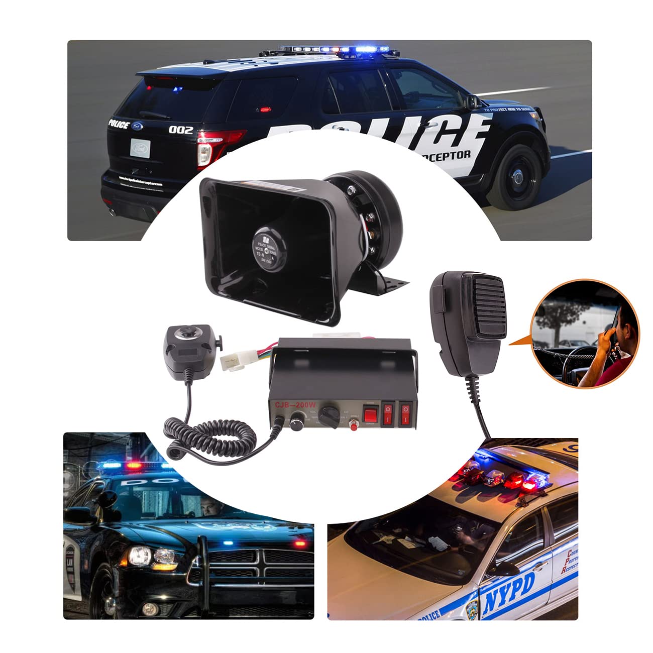 9 Tones 200W Emergency Warning Police Siren Speaker Pa System Kit With Handheld Microphone & 2 Lights Control Switches For Firef