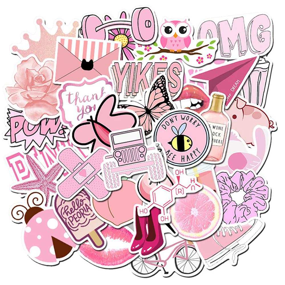 Girl'S Pink Aesthetic Stickers Waterproof Cute Stickers 50 Pcs Water Bottle Laptop Phone Stickers For Teens Kids