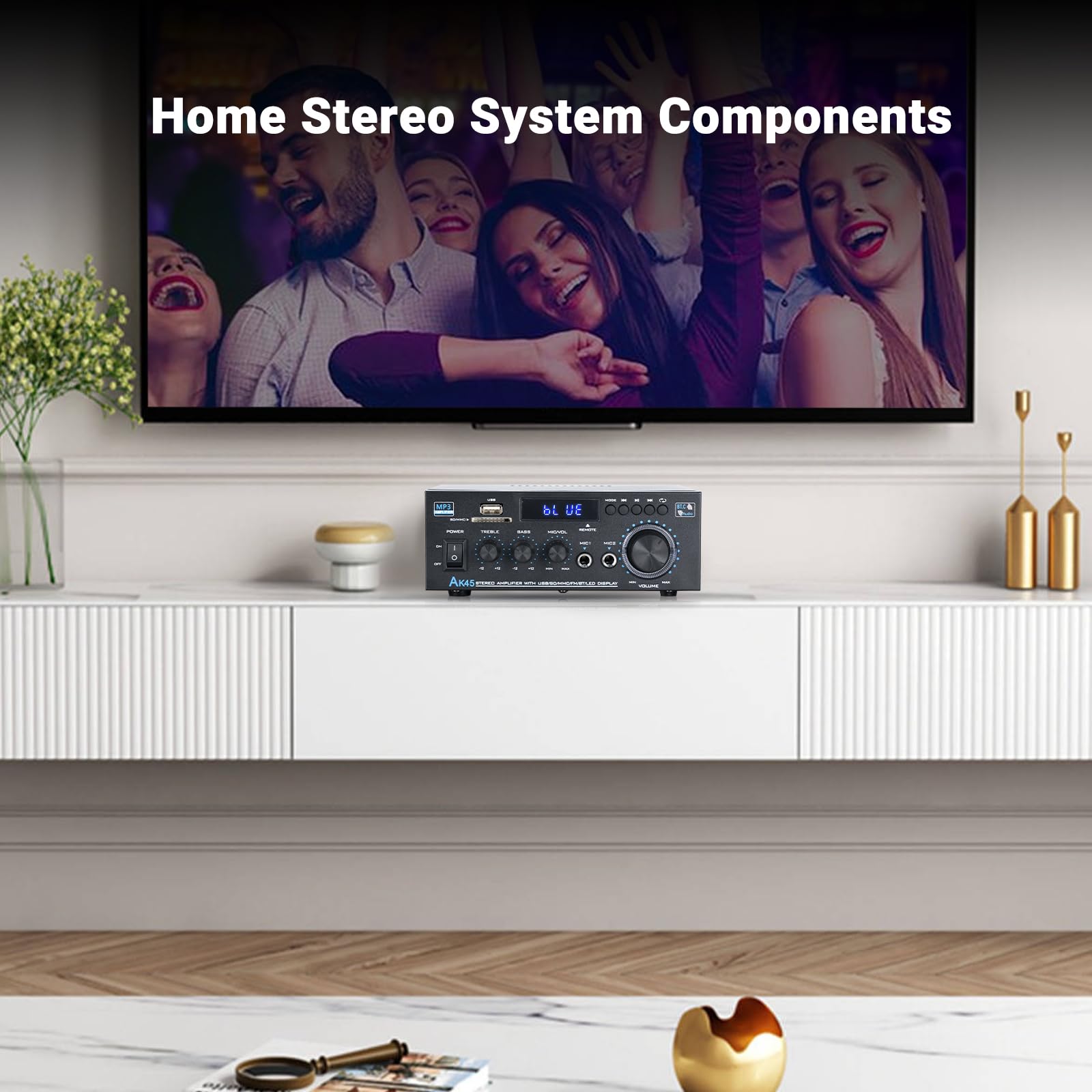 Stereo Receiver & Amplifier Home Audio Amp, Ak45 Bluetooth Amplifier For Passive Speakers, 300Wx2, Bluetooth 5.0, 2 Channel, W/F