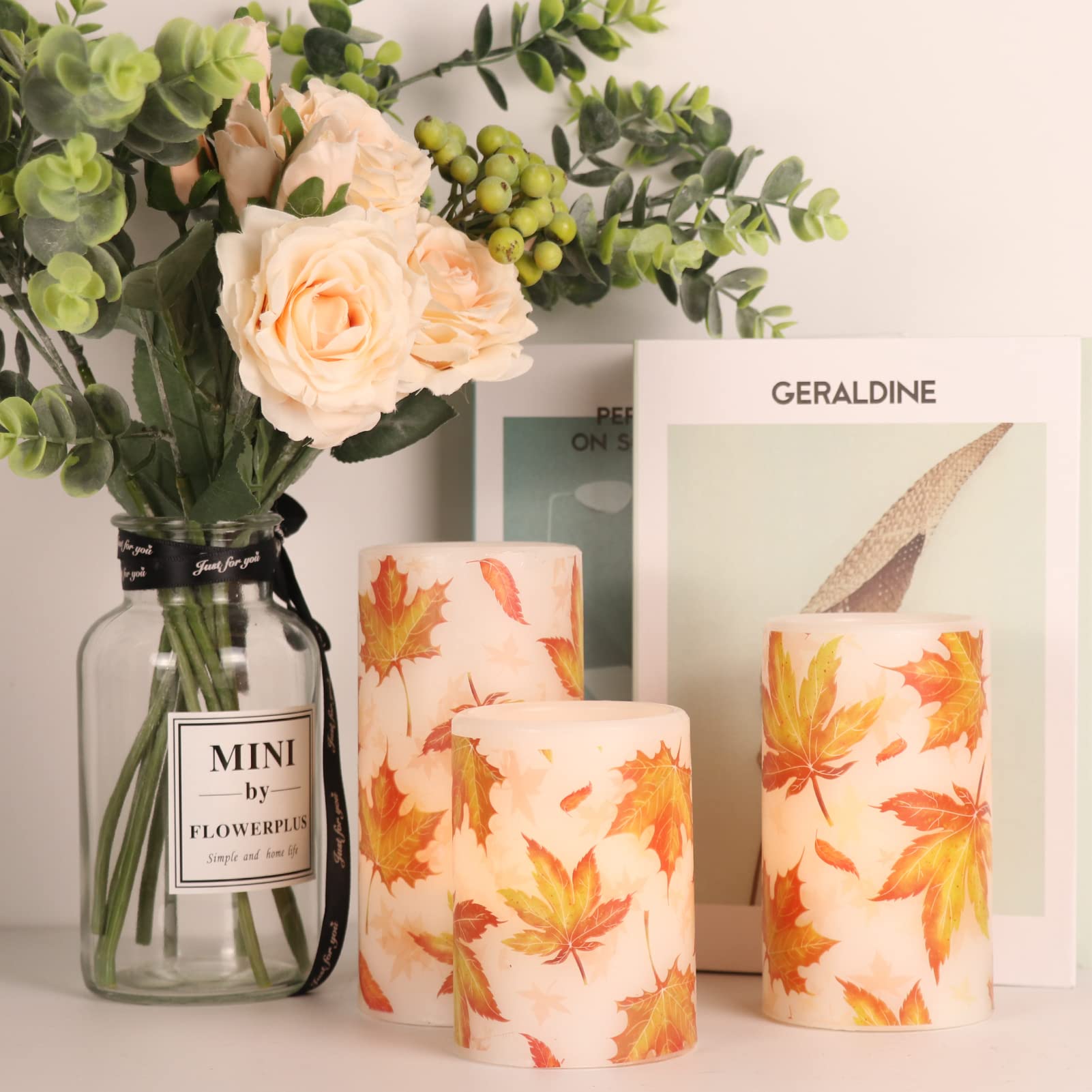 Genswin Maple Leaf Flickering Flameless Candles Battery Operated With 6 Hours Timer, Real Wax Led Pillar Led Candles Christms We