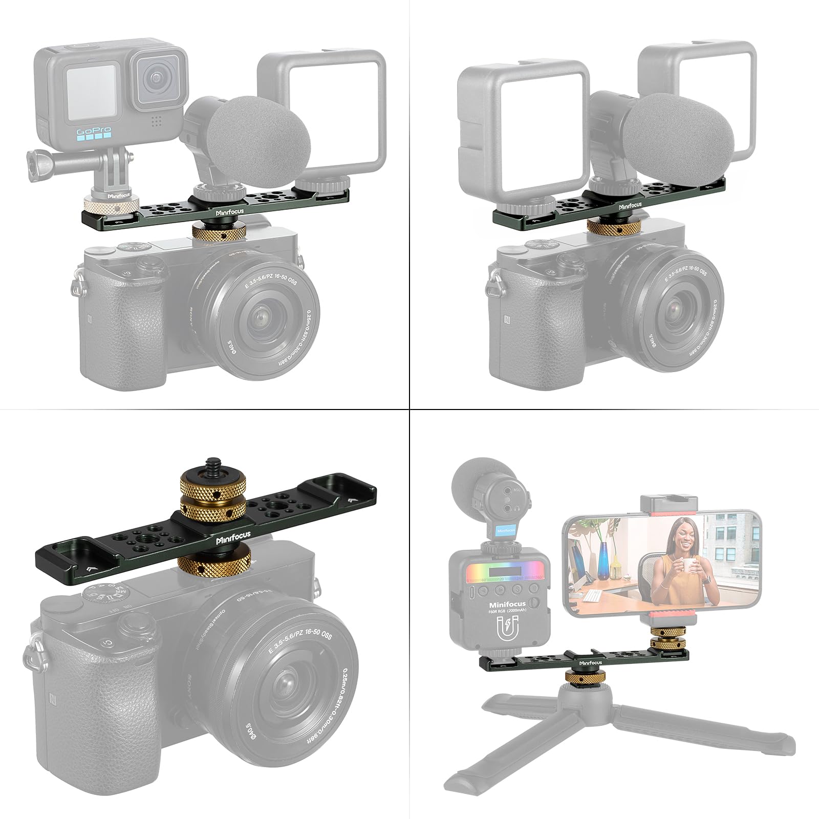 Minifocus Triple Cold Shoe Extension Bar Mount, Aluminum Alloy Hot Shoe Mount Bracket With 1/4 Thread Holes For Dslr Camera Micr