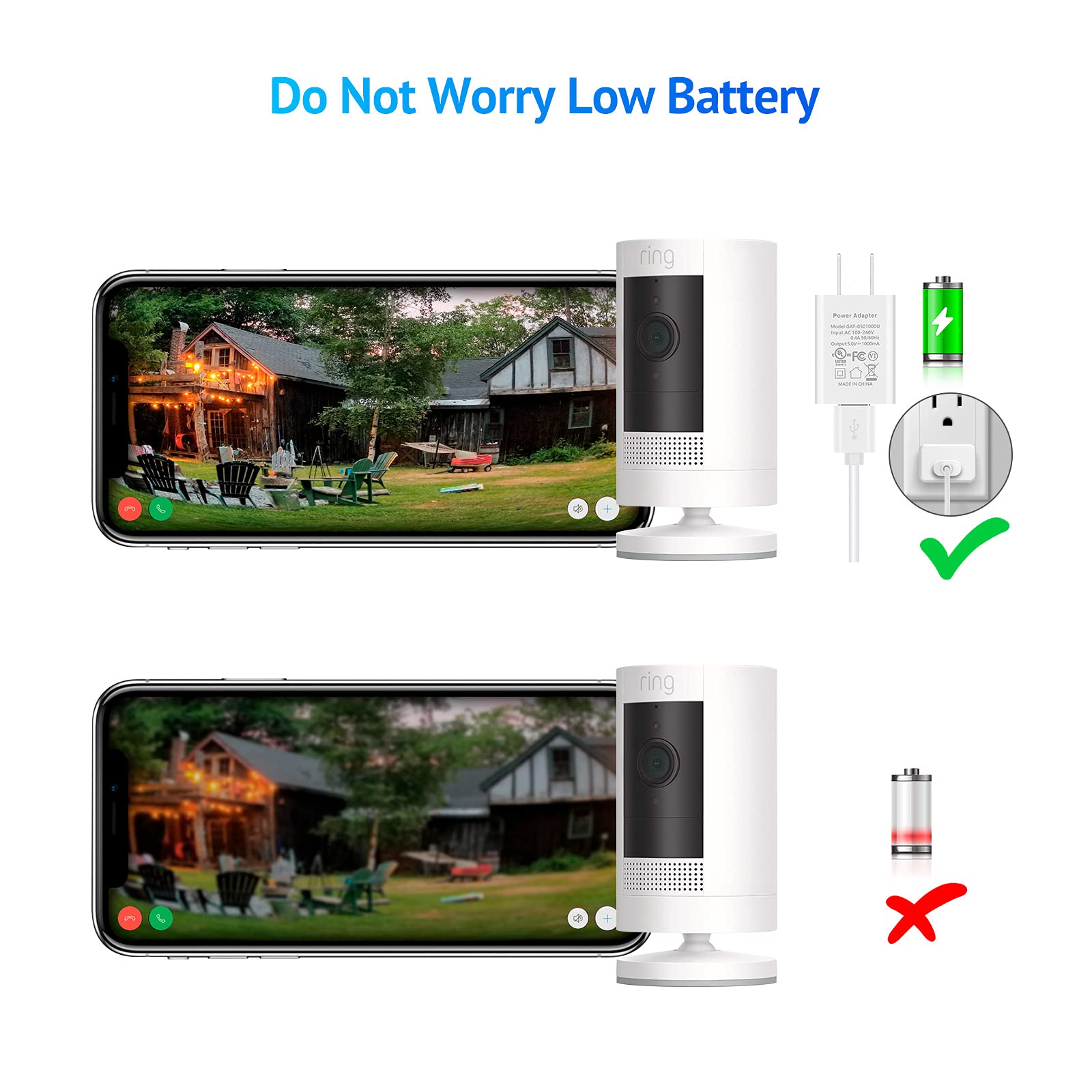 Ayotu 16Ft/5M Power Cord With Adapter For Ring Stick Up Cam Battery/Plug In 3Rd Gen, Indoor/Outdoor Weatherproof Power Cable Kee