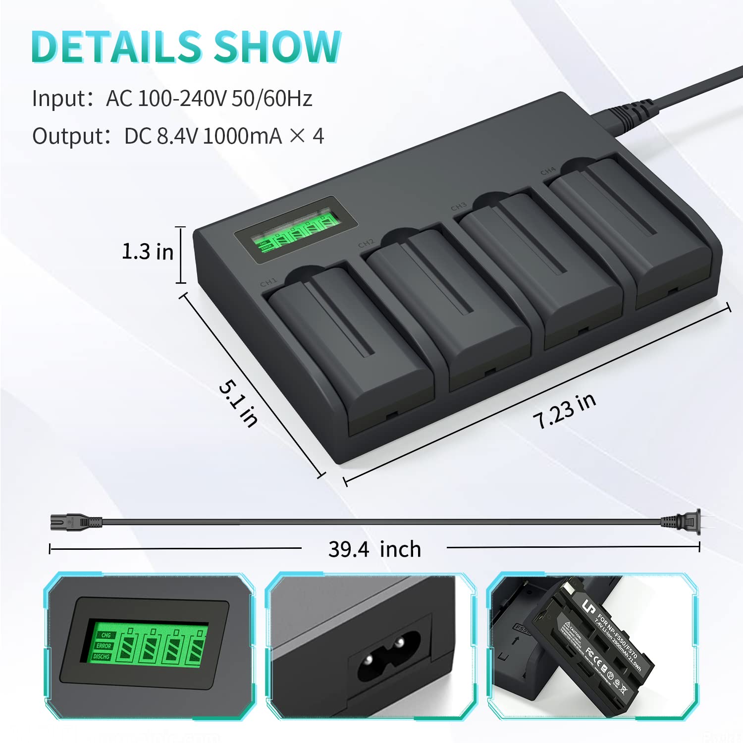 Np F550 Battery Charger Pack, Lp 4 Pack Battery & Quadruple Slot Charger, Compatible With Sony Np F970, F960, F770, F750, F570,