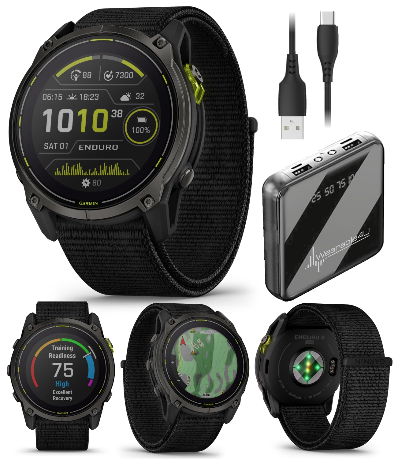 Wearable4U Garmin Enduro 3 - 51 mm, Solar, Sapphire, Ultraperformance GPS Smartwatch, Carbon Gray DLC Titanium with Black UltraF