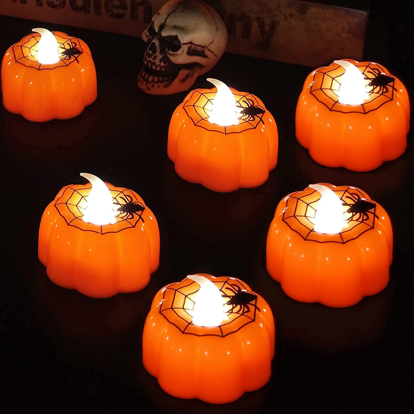 Turnmeon 12 Pack Halloween Pumpkin Tealights Candles With Spider Web Decor, Led Pumpkin Lights, Flame Less Candle Battery Operat