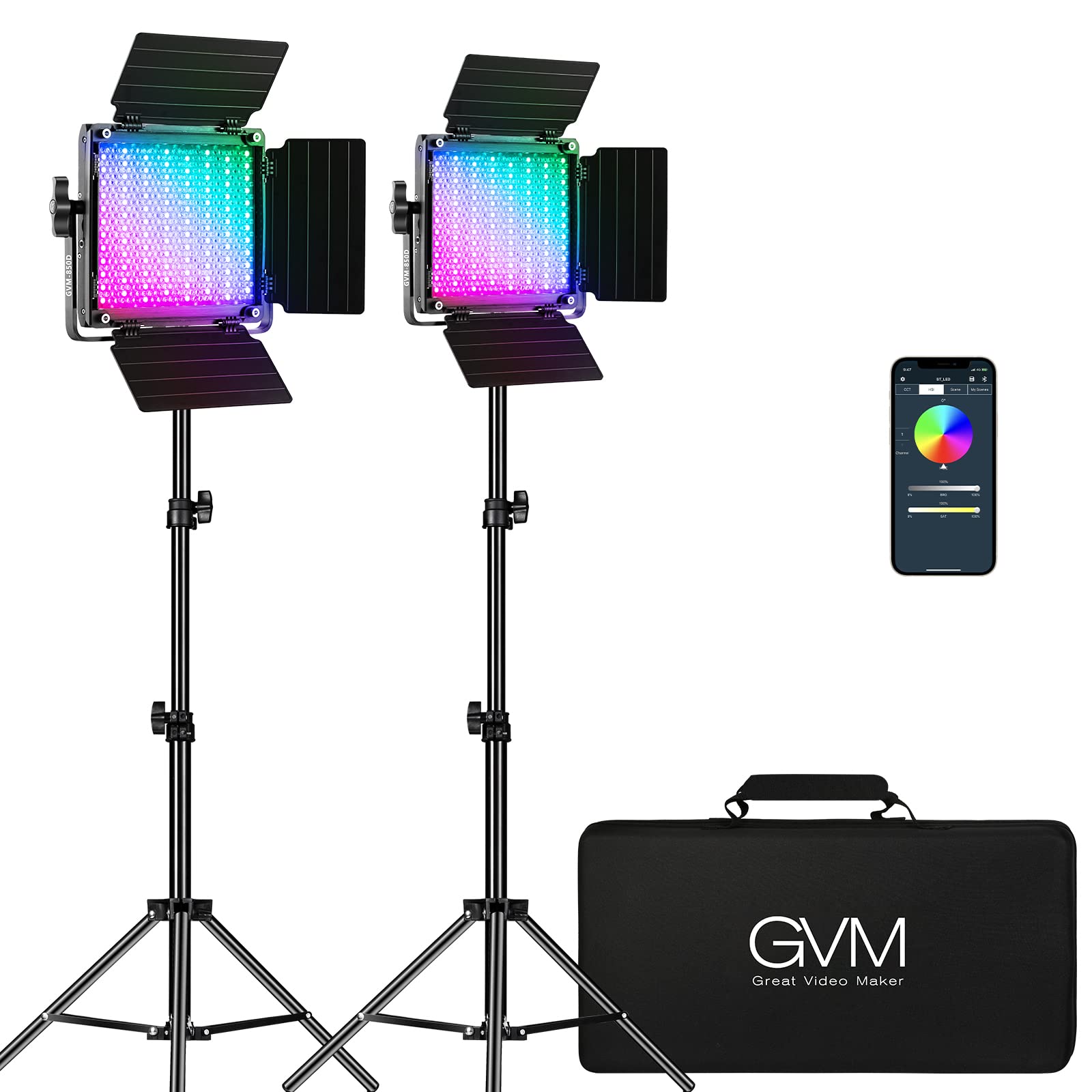 Gvm Rgb Video Lighting, Bi Color Led Video Light Kit With App Control, 2 Packs 850D Photography Lighting Kit Cri 97+ For Web Con