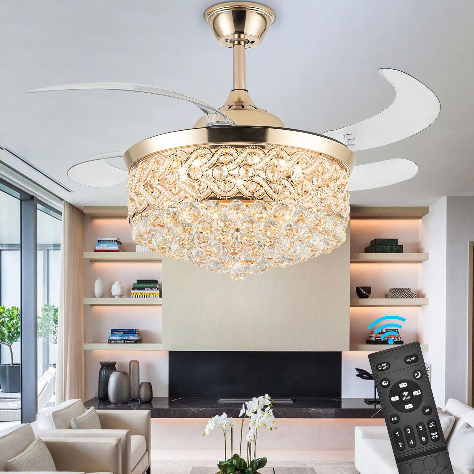 42'' Ceiling Fans With Lights And Remote, Modern Retractable Invisible Chandelier Ceiling Fan Light With 4 Retractable Abs Blade