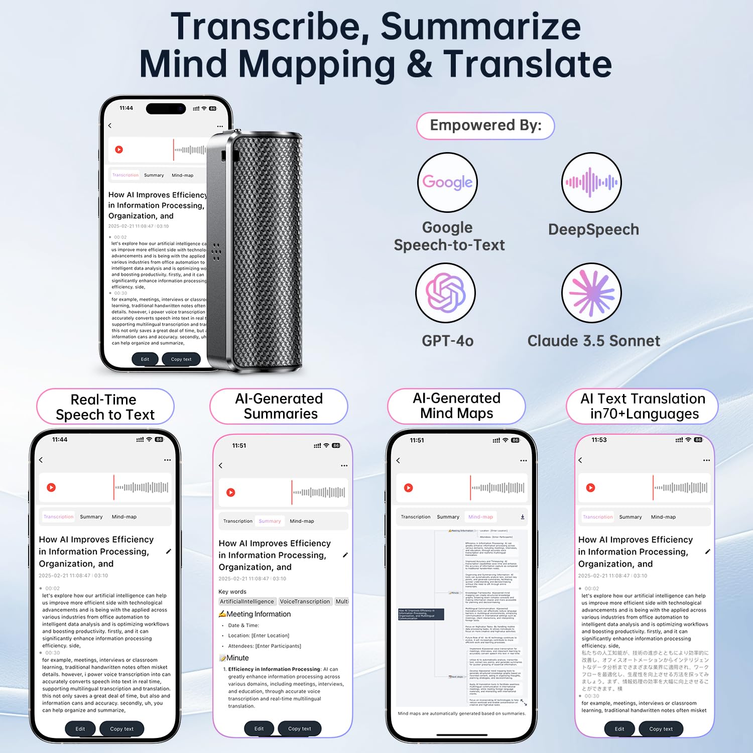 Ai Voice Recorder With Real-Time Transcription & Translation, Ai Voice Transcriber, Smart Summary, Ai-Powered Mind Mapping & Tra