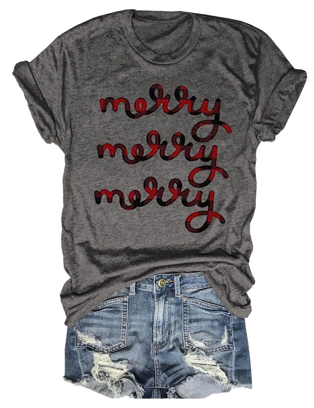 Beopjesk Womens Buffalo Plaid Tees Casual Short Sleeve Merry Letter Printed Graphic Blouse Tops (L, Red)