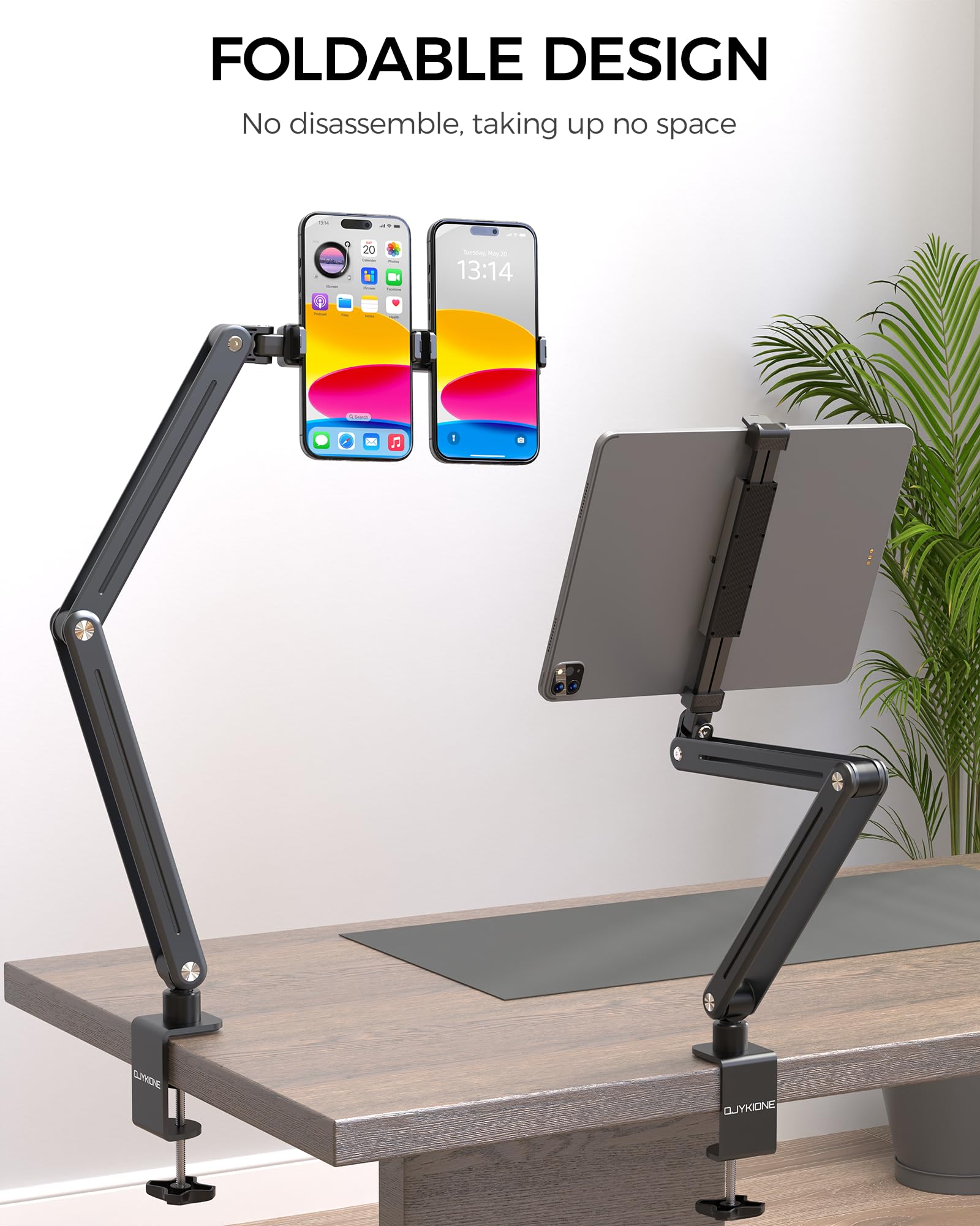 Qjykione Foldable Tablet Stand For Desk And Bed, Aluminum Alloy Ipad Arm Mount 360 Adjustable Phone Holder Compatible With Ipad