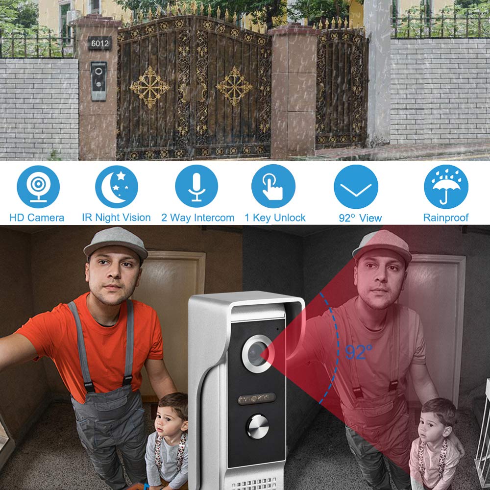 Amocam Video Intercom System, 7 Inches Monitor Wired Video Door Phone Doorbell Kits, Indoor Outdoor Ir Camera Support Unlock, Monitoring, Dual Way Intercom For Villa House Office Apartment