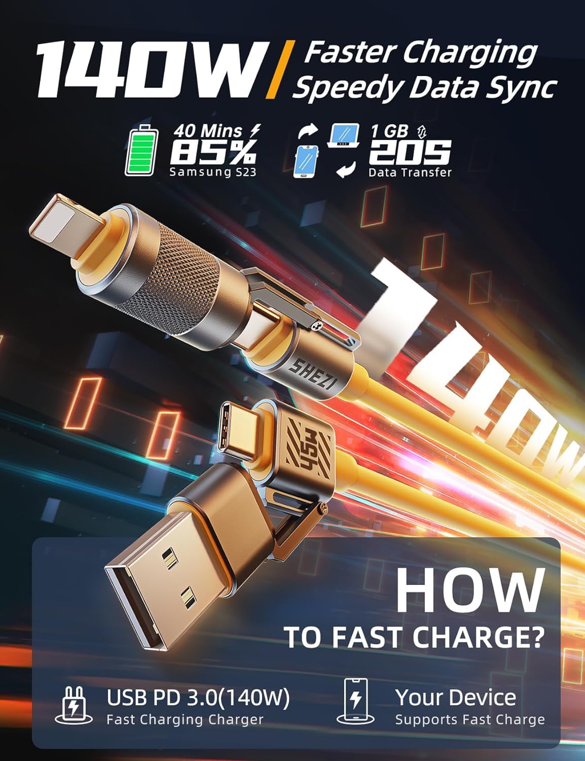 [One Is Enough] 4In1 Usb C To Lightning Cable,140W [High Speed Charging&Fast Data Transfer][Carplay&Android Auto Support] Multi