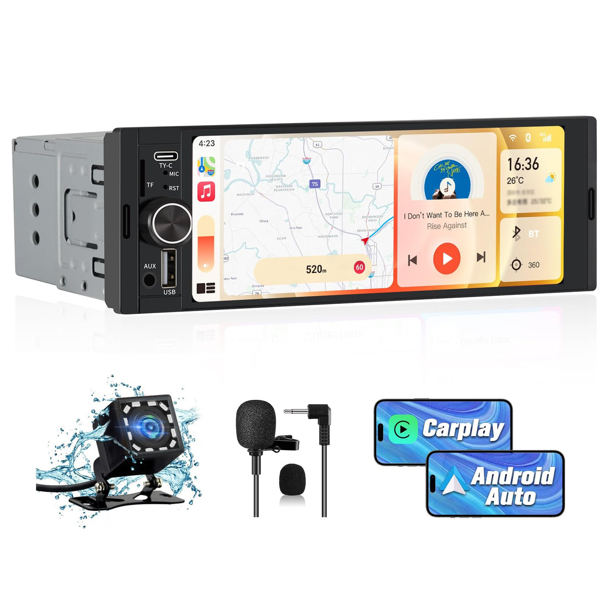 Pyniro Universal Single Din Car Stereo With Wireless Carplay & Android Auto, 6.36 Inch Ips Touch Screen Head Unit With Backup Ca