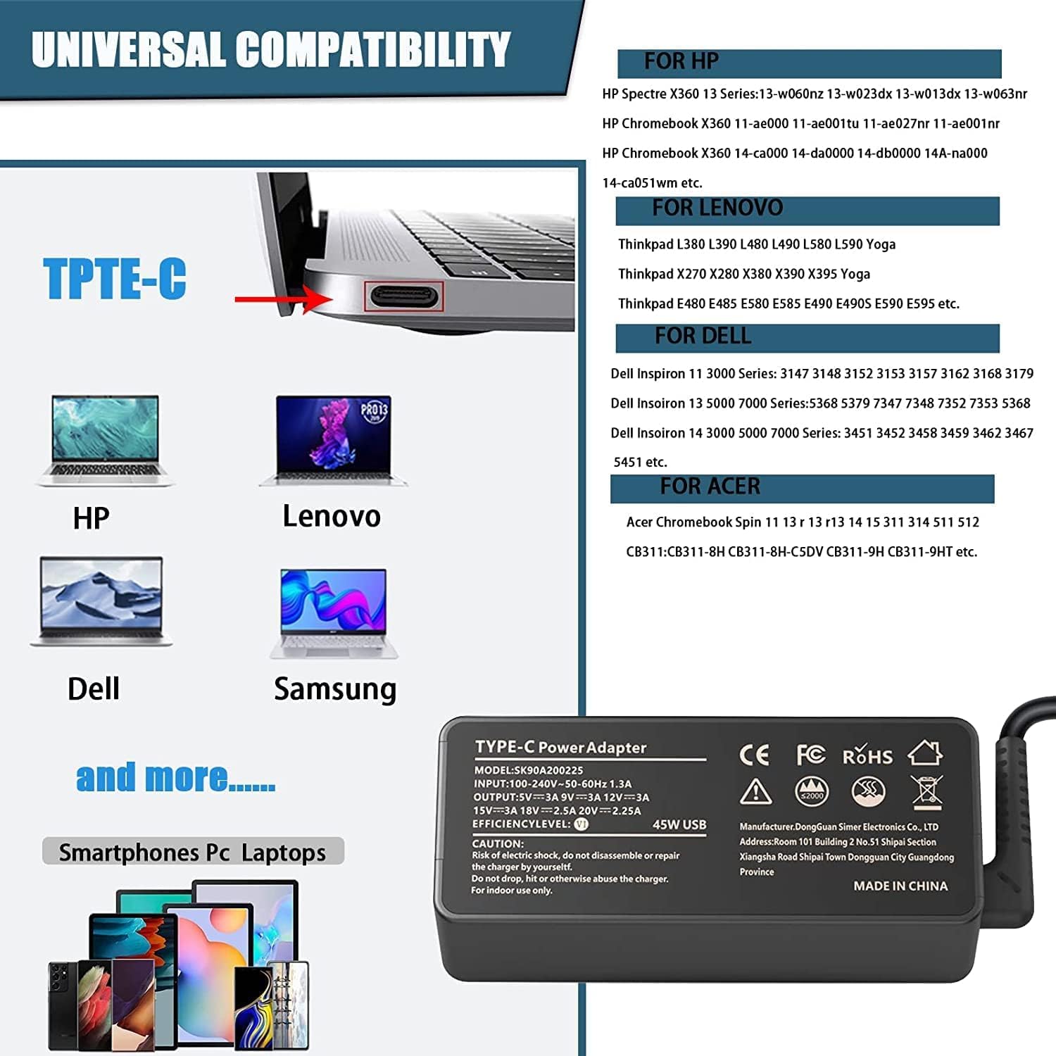 LJO-EEIH 65W USB C Laptop Charger - Universal Type C Fast Charging Adapter for Lenovo Chromebook & ThinkPad, Black