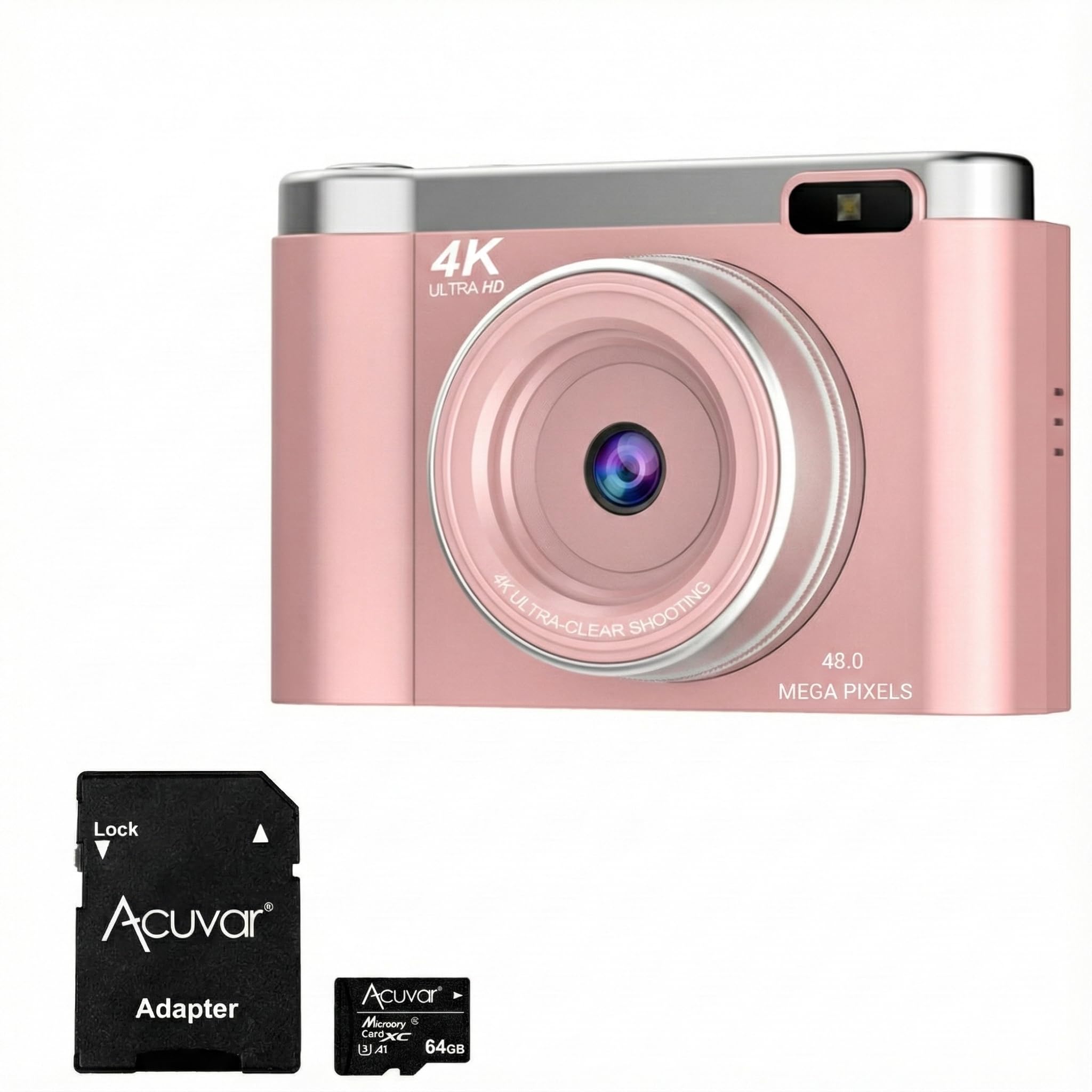 Cute Pink Digital Camera for Kids & Teens - 4K Beginner Vlogging Camera with Flip Screen, Autofocus, 48MP Photos, 64GB Card - Co