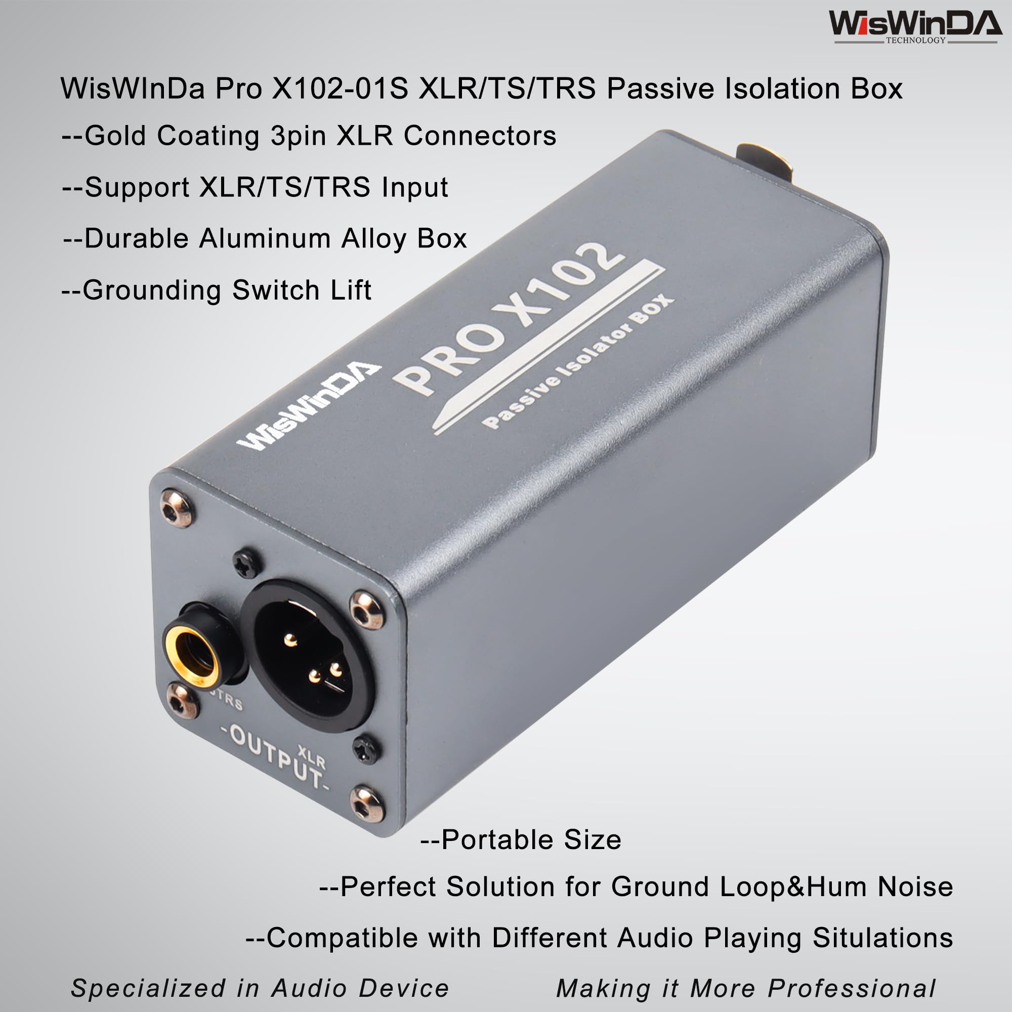 Wiswinda Pro X102-1S 1/4 6.35 Trs/Ts/Xlr Multi-Purpose Hum Eliminator Box Microphone And Audio Player Ground Loop Noise Isolator