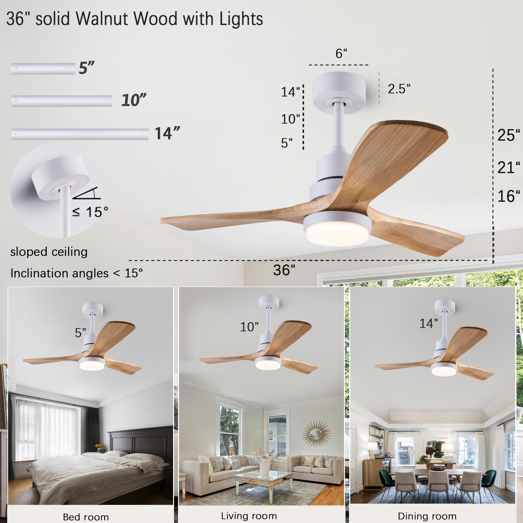 36'' Ceiling Fans [With Lighting Remote Control], Indoor Outdoor Modern Wooden Ceiling Fan [With 3 Solid Wood Blades] For Kids'