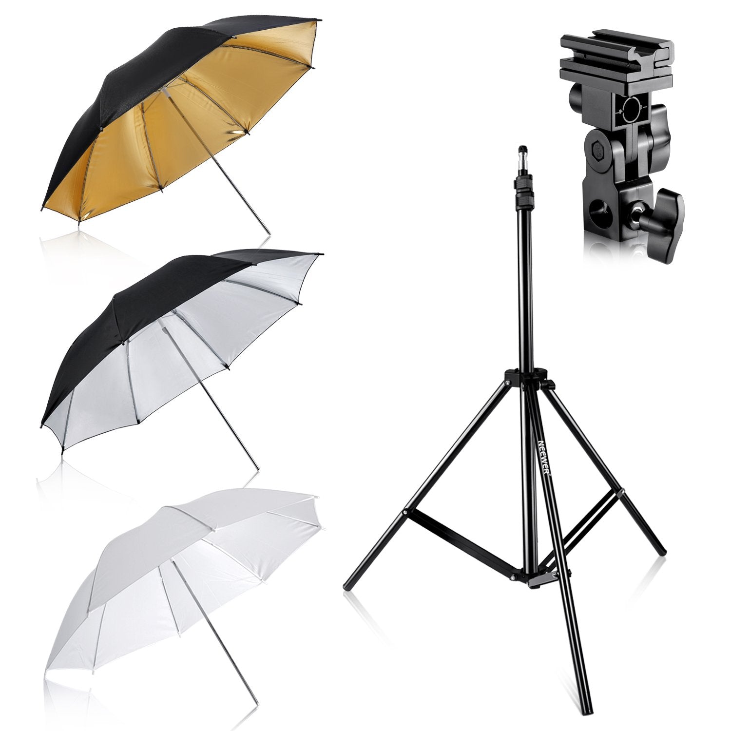 Neewer Flash Mount Three Umbrellas Kit 33''/84Cm White Soft/Silver Reflective/Gold Reflective Umbrella For Canon 430Ex Ii,580Ex