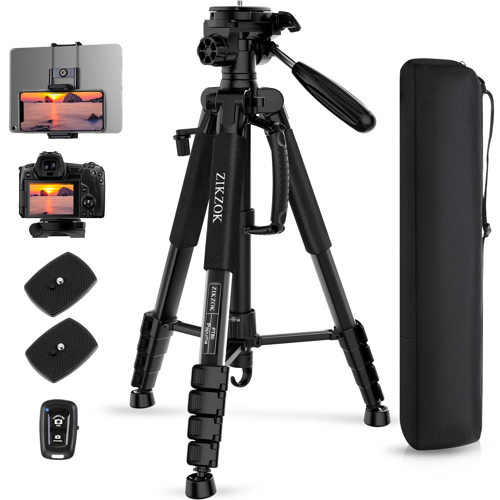 ZIKZOK 75" Heavy Duty Aluminum Tripod for DSLR, iPad, Phone - Black, Model PT80, Max Load 15 lb, Includes Carry Bag and Holder