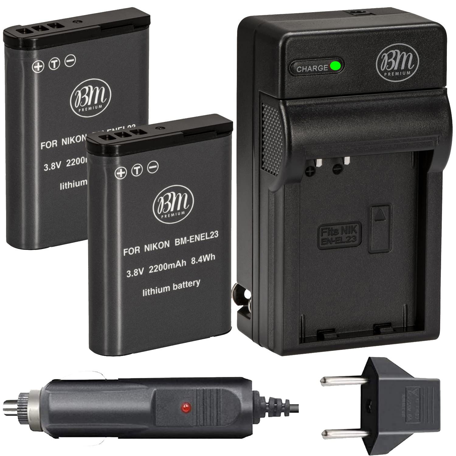 Bm Premium 2 Pack Of En El23 Batteries And Battery Charger For Nikon Coolpix B700, P900, P600, P610, S810C Digital Camera