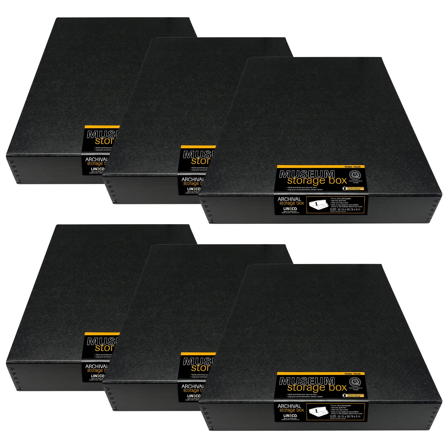 Lineco, 16X20X3 Black Museum Archival Storage Box, Drop Front Design. Acid Free With Metal Edge. Preserves Picture Longevity, Organize Photos, Documents, Crafts, Diy (6 Pack)