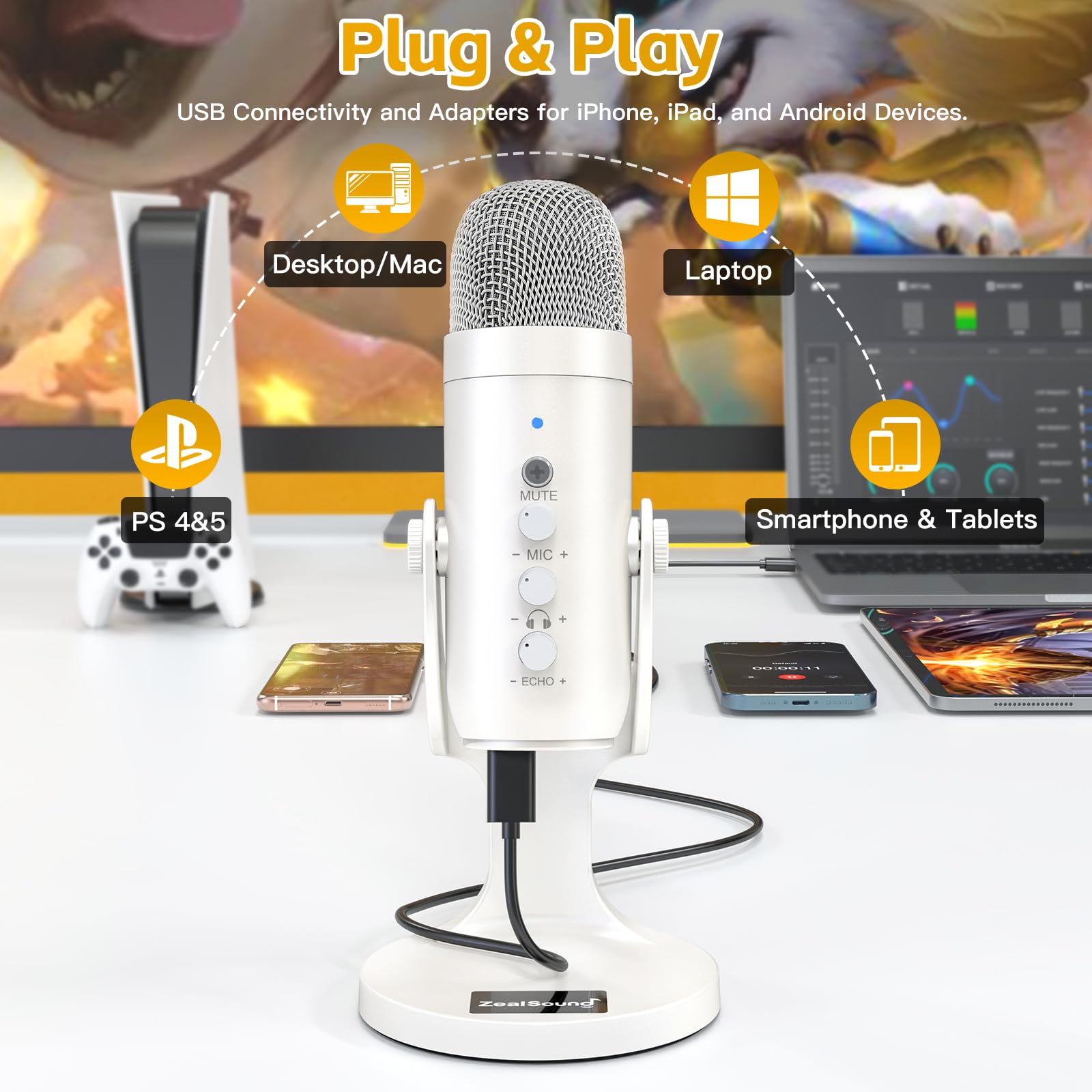 Zealsound Usb Microphone,Quick Mute Noise Cancel For Phone Computer Pc Ps5,Gaming Microphone With Gain Control,Echo Monitor Volu