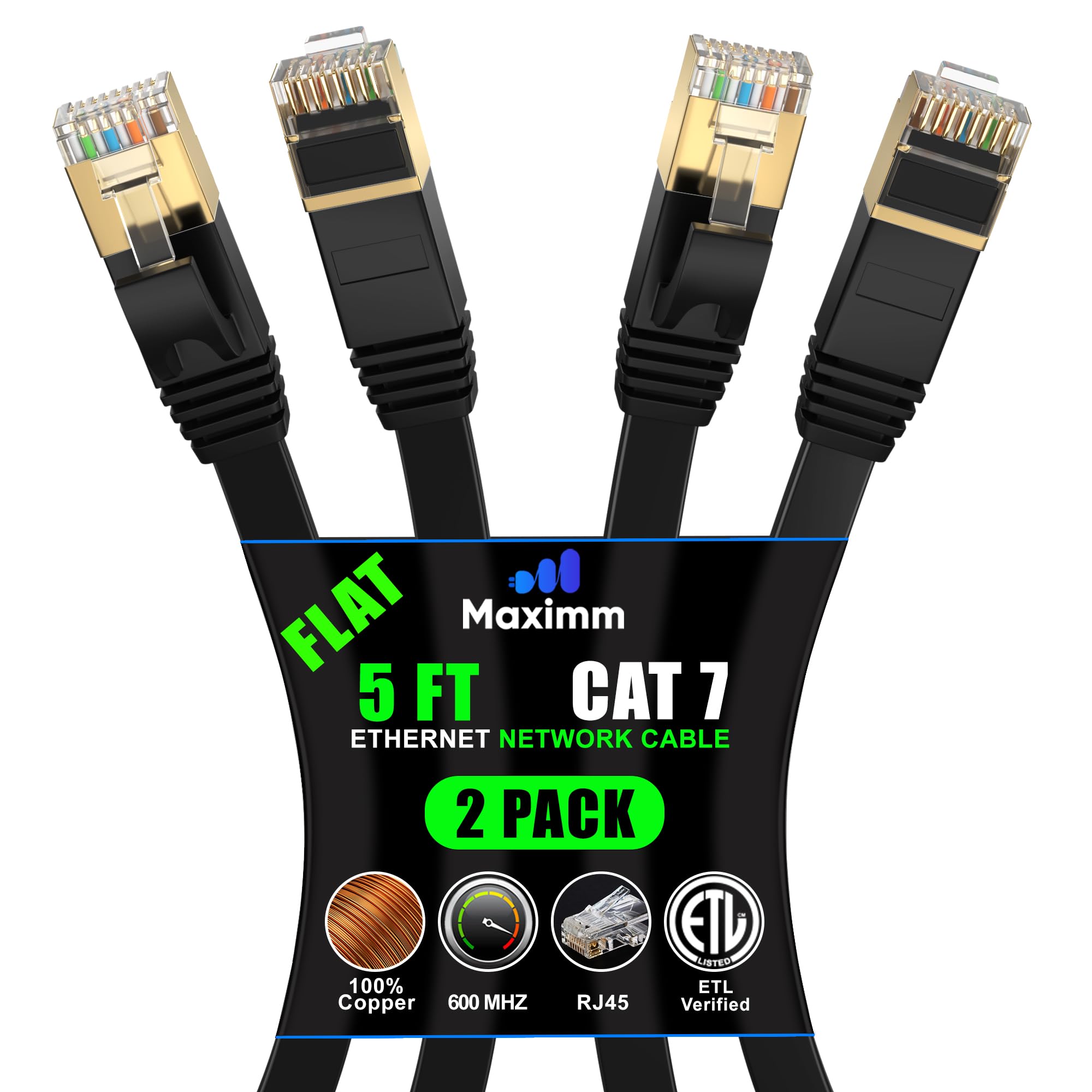 Cat 7 Ethernet Cable 5 Ft   With A Flat, Space Saving Design High Speed Internet Network Lan Patch Cable, Rj45 Connectors   5Ft Black 2 Pack   Perfect For Gaming, Streaming, And More