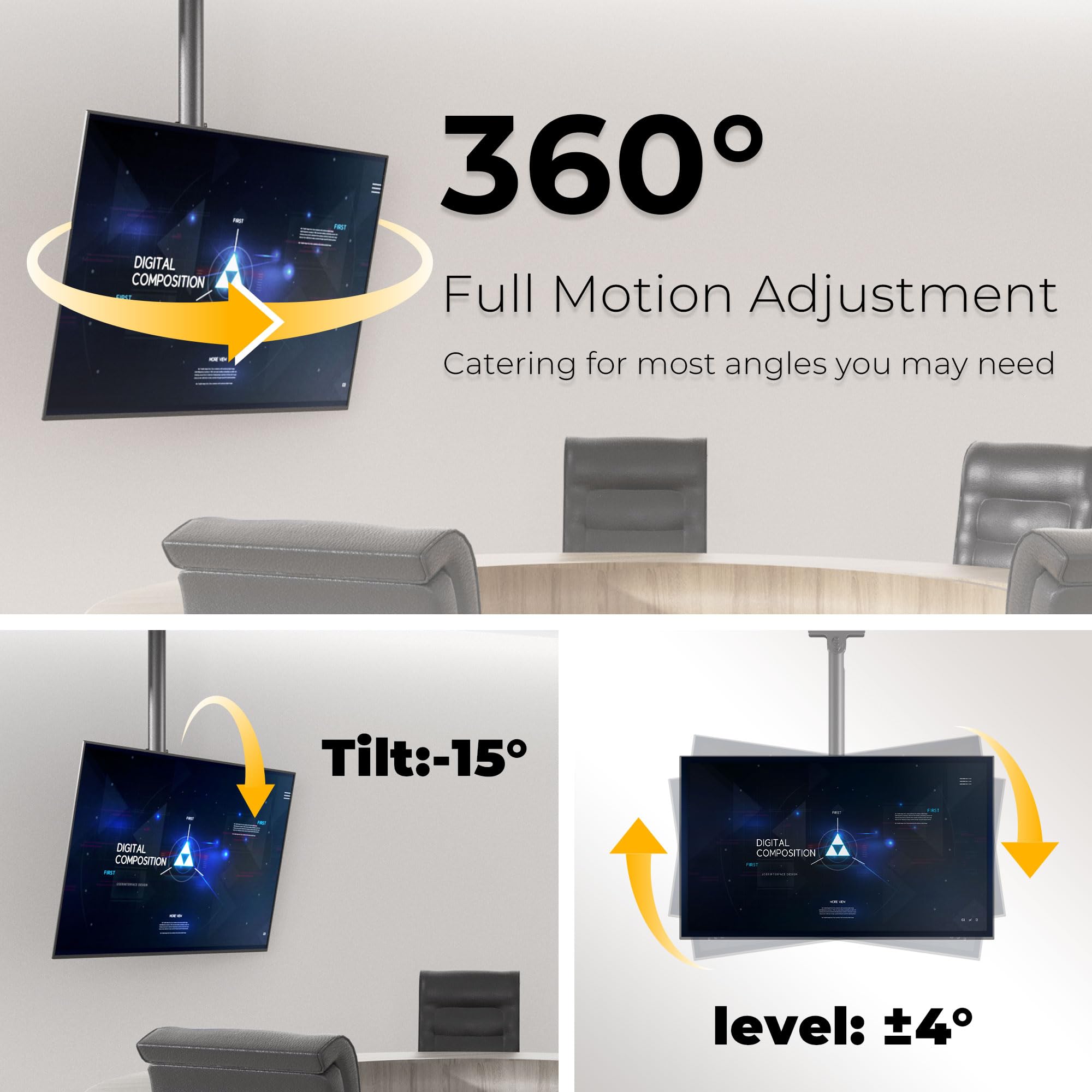 Ezise Ceiling Tv Wall Mount Bracket Fits Most 24 To 65 Inch Flat/Curved Tvs, Height Adjustable Full Motion Hanging Tv Mount Hold