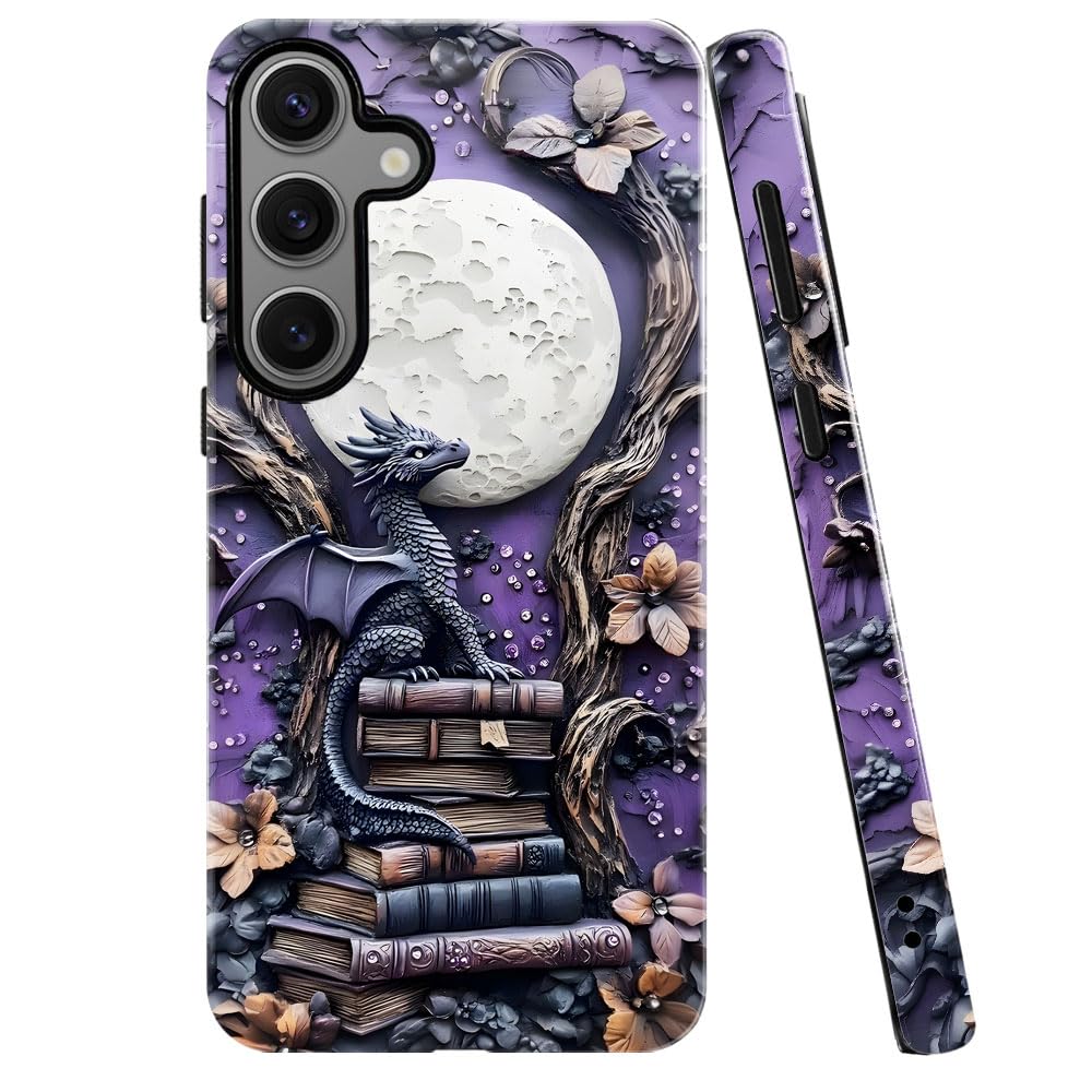 Case for Samsung Galaxy S23 FE,Purple Dragon Book Moon Flower Phone Case Military-Grade Drop Protection Cover for Women Girl - G
