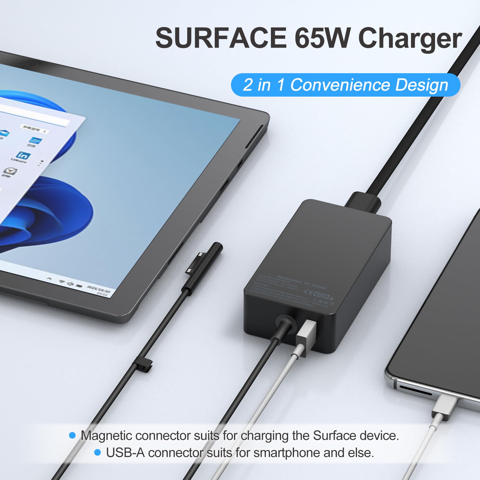 Andingker 65W Surface Pro Charger for Microsoft Surface Laptop 6-1, Surface Pro 10-3, Surface Book 3-1, Surface Go, 10FT Black Cable