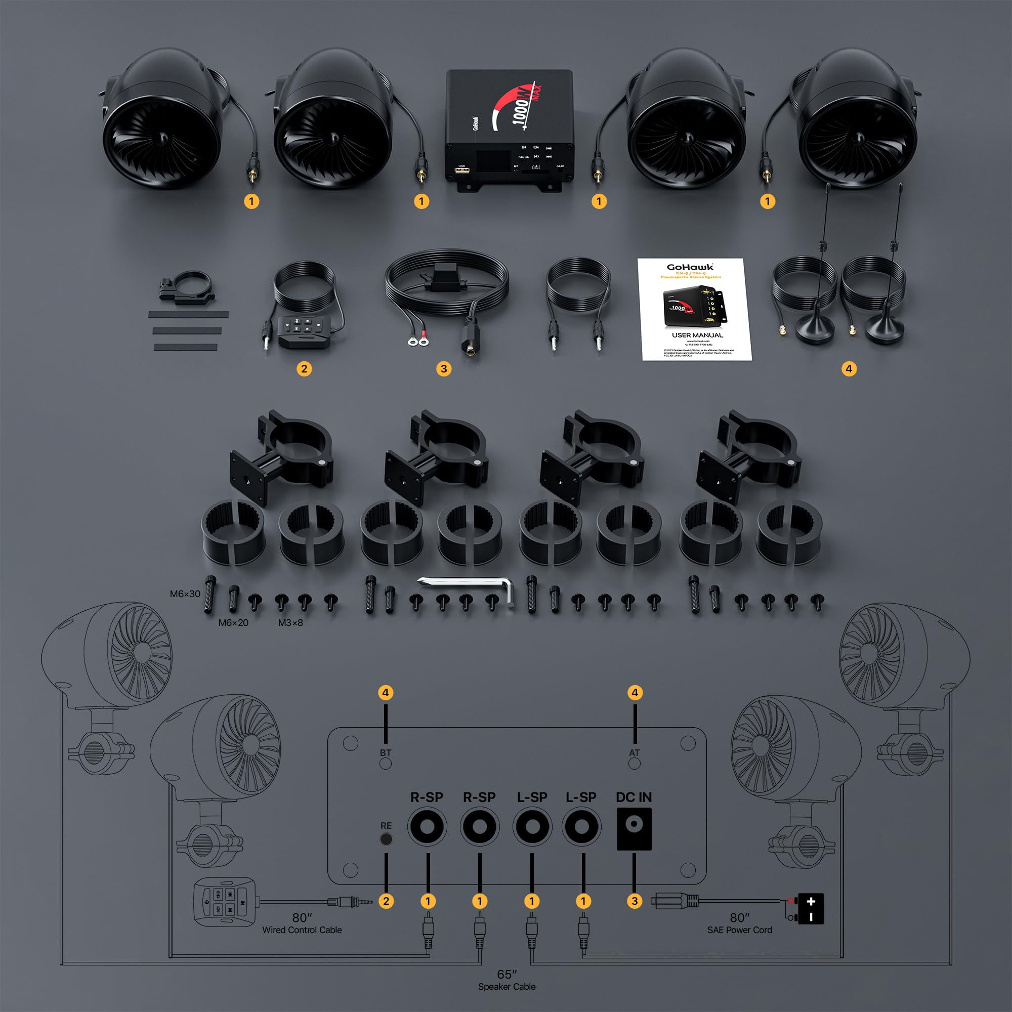 Gohawk Tj4-Q 1000W 4 Channel Amplifier 4 Full Range Waterproof Bluetooth Motorcycle Stereo Speakers Audio System Aux Usb Sd Radi