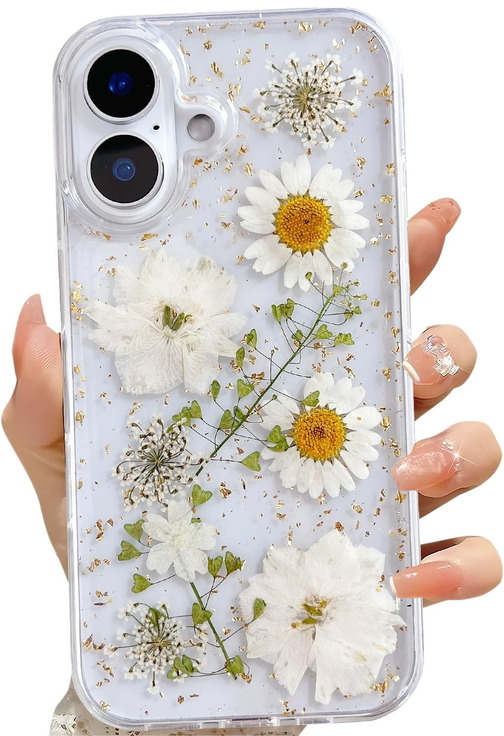 Lseeka For Iphone 16 Plus Clear Case With Pressed Real Flowers Design,Glitter Cute White Floral Pattern Slim Soft Tpu Protective