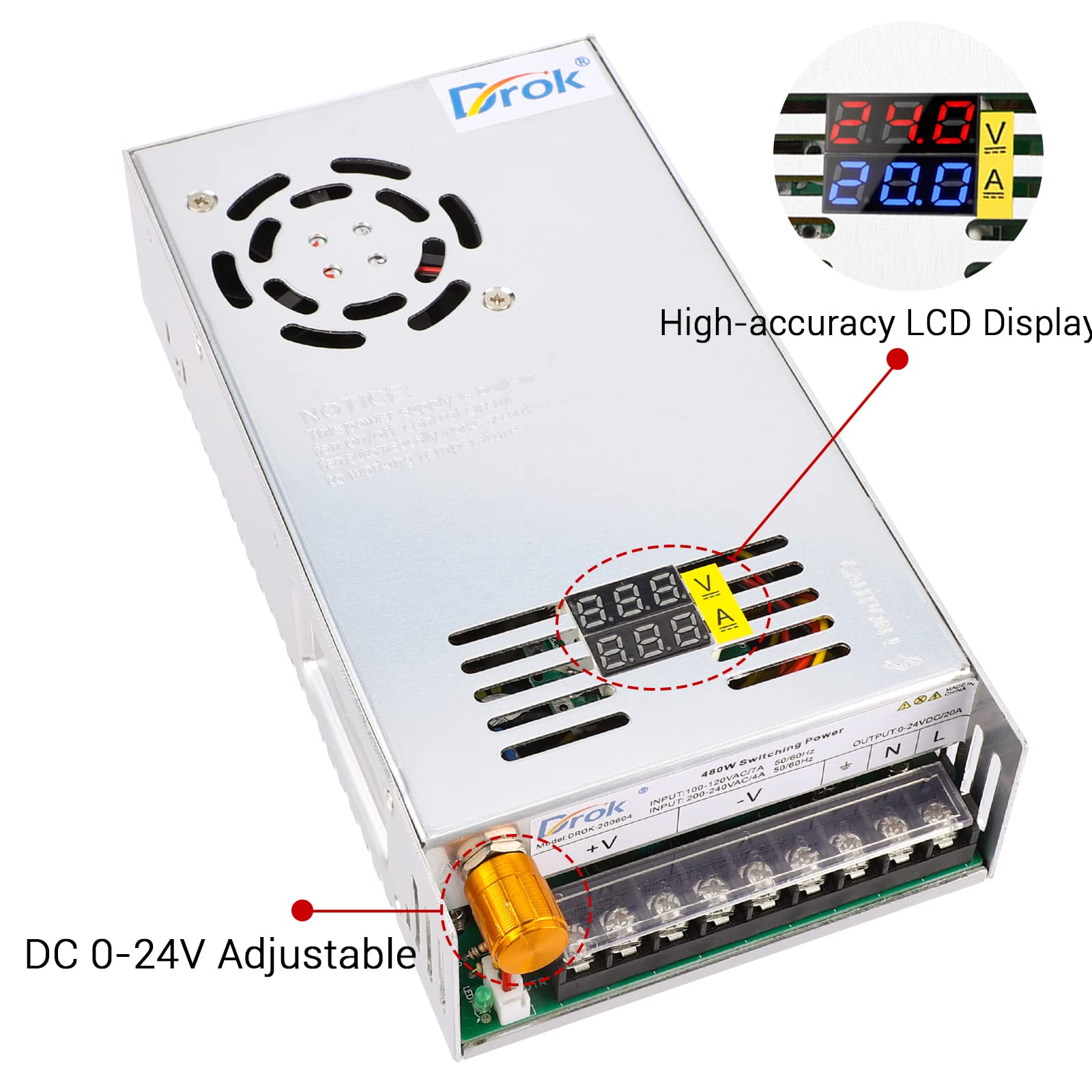 Drok 24V Power Supply, Ac 110V/220V To Dc 0 24V 20A 480W Buck Converter Dual Display, Variable Adjustable Adapter Regulated 5V 1