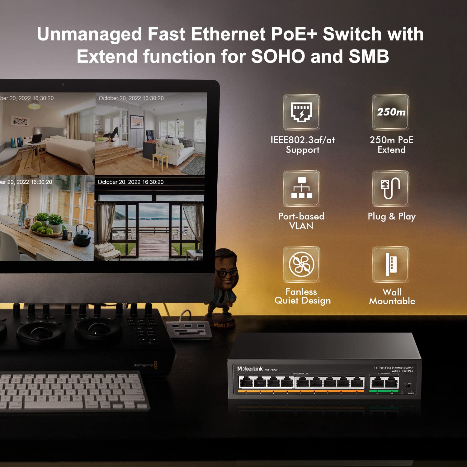 Mokerlink 11 Port Poe Switch With 9 Port Poe+, 2 Fast Ethernet Uplink, 10/100Mbps, 120W 802.3Af/At Poe, Fanless Plug & Play Netw