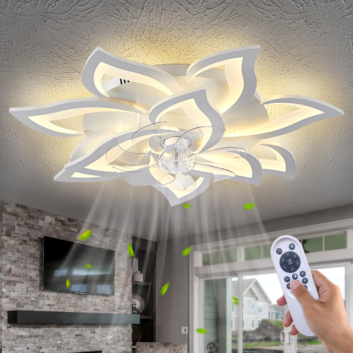 Yfrest Modern Ceiling Fan With Light And Remote, Low Profile Ceiling Fans With Lights, 32 Inch Flush Mount Ceiling Fan With 3 Li
