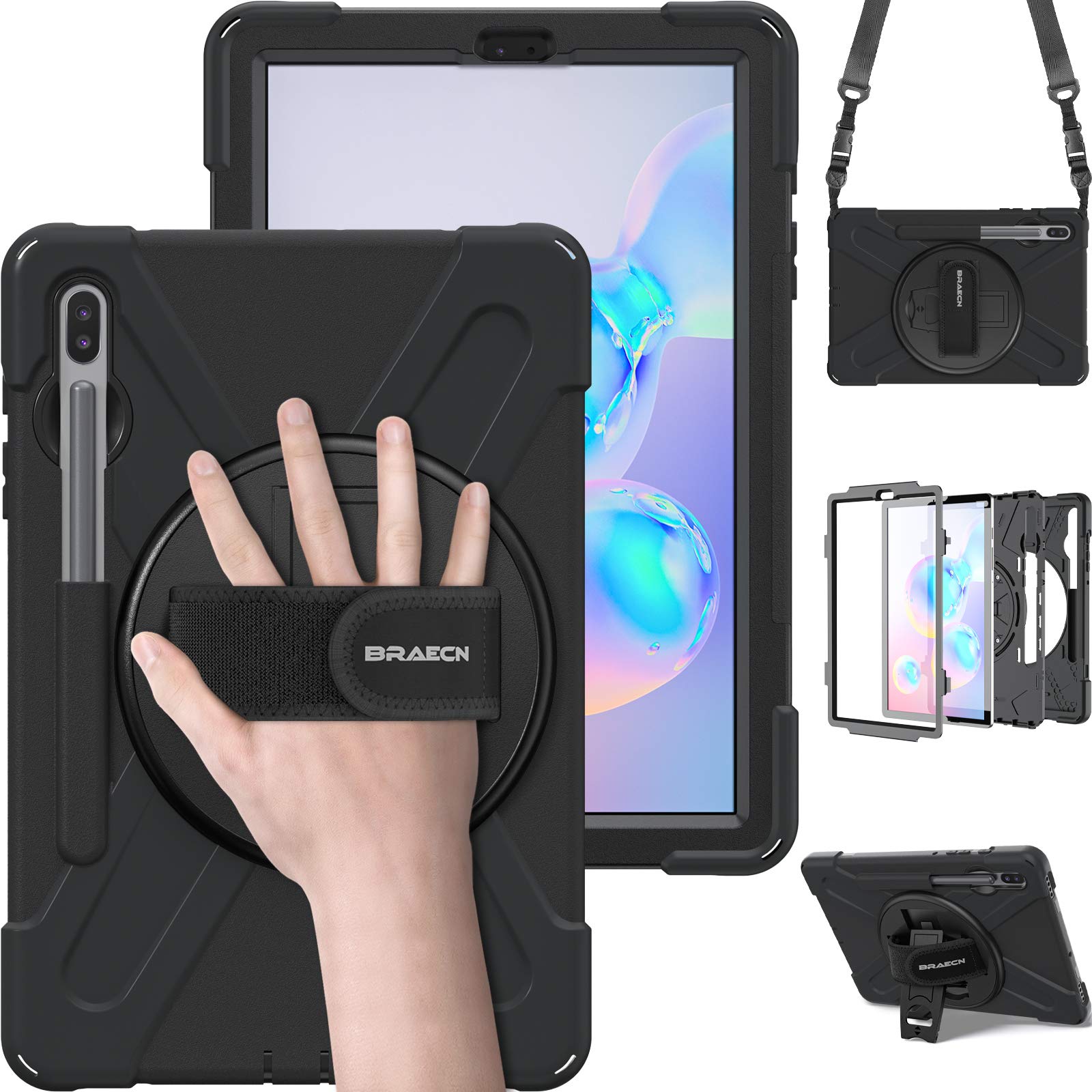 BRAECN for Galaxy Tab S6 Case,[Support S Pen Wireless Charging] Heavy Duty Shockproof Case with Pen Holder,Hand Strap,Shoulder S