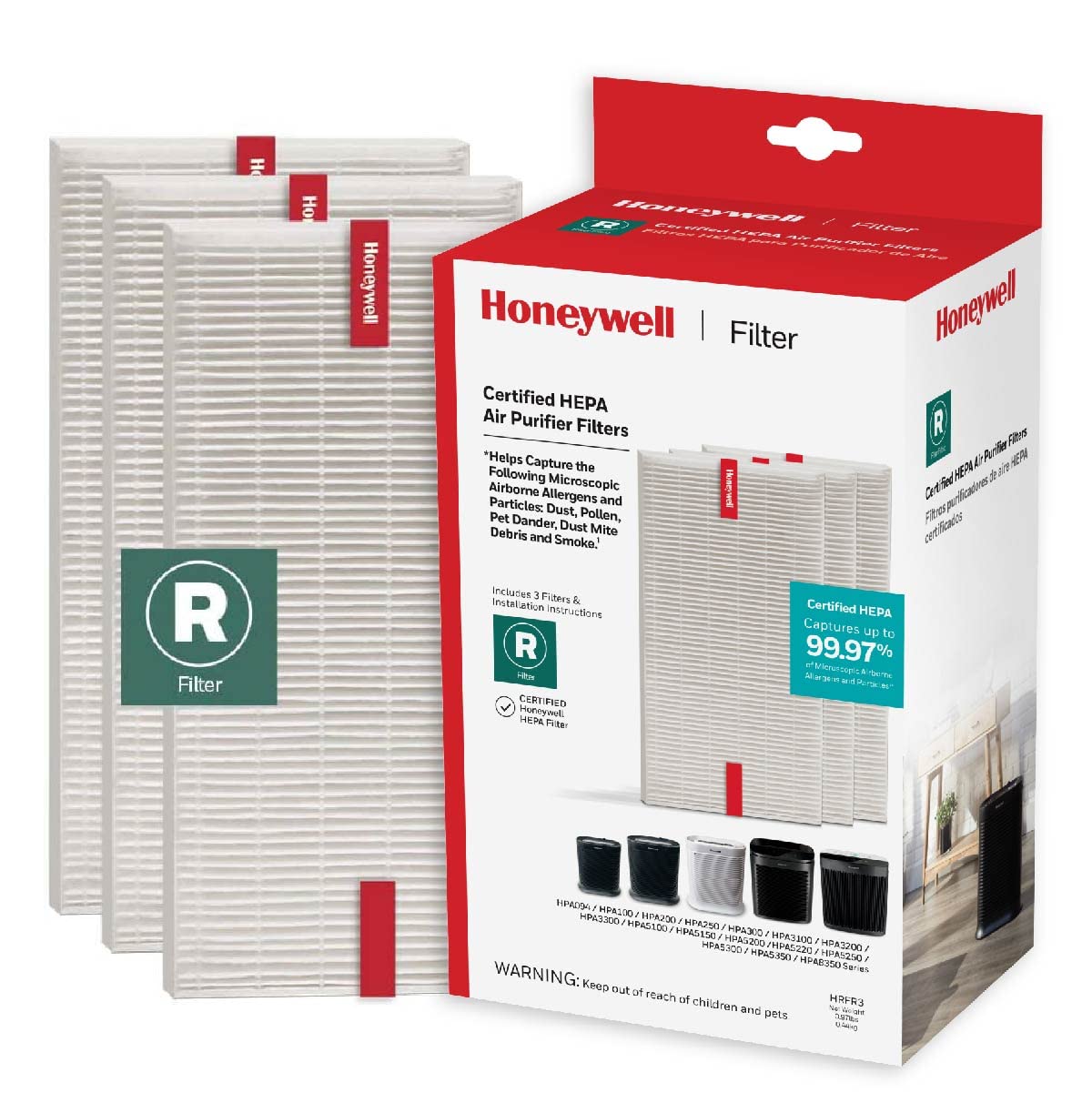 Honeywell HEPA Air Purifier Filter R, 3-Pack for HPA 100/200/300 and 5000 Series - Airborne Allergen Air Filter Targets Wildfire